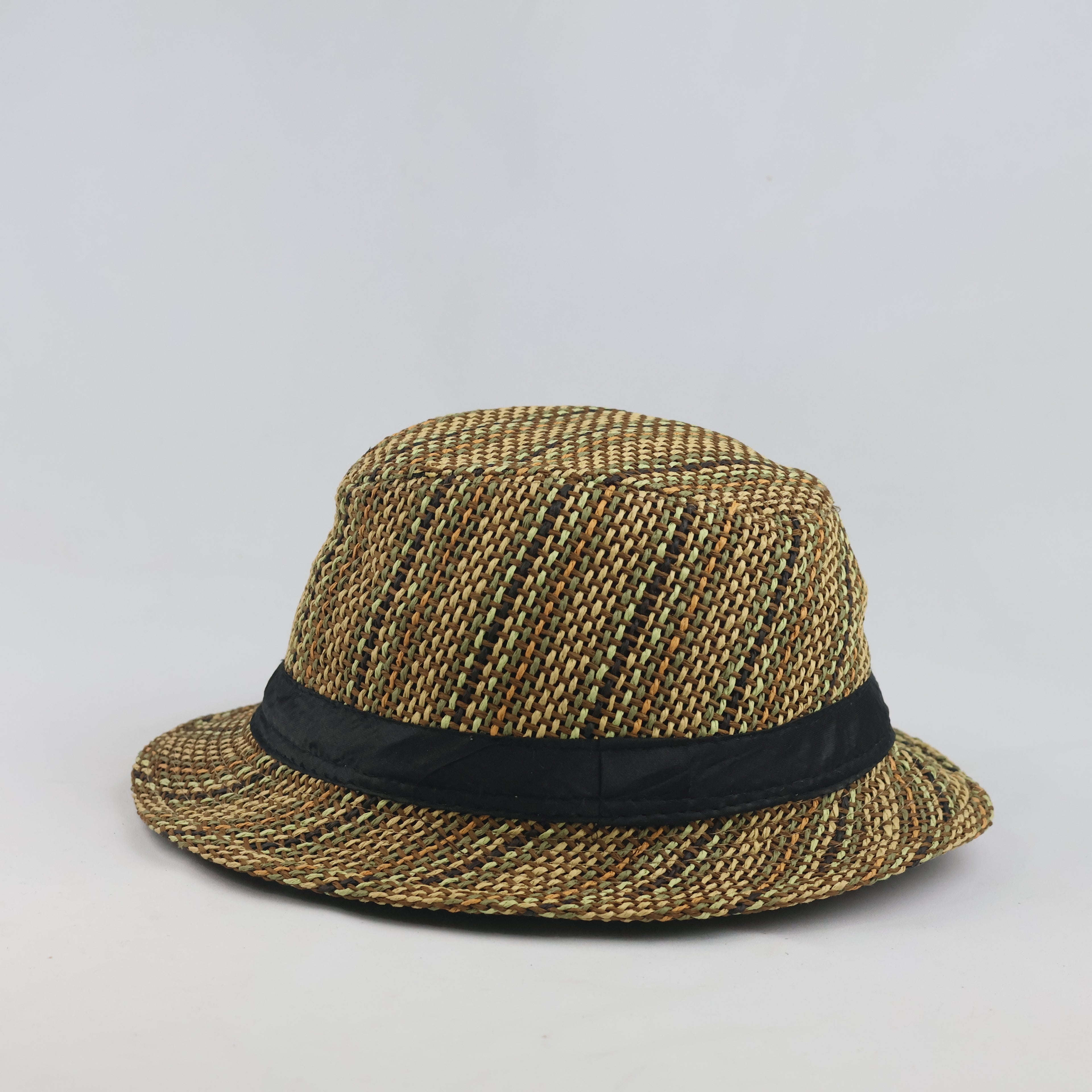 Thrifted Woven Paper Straw Fedora Hat with Black Ribbon Band