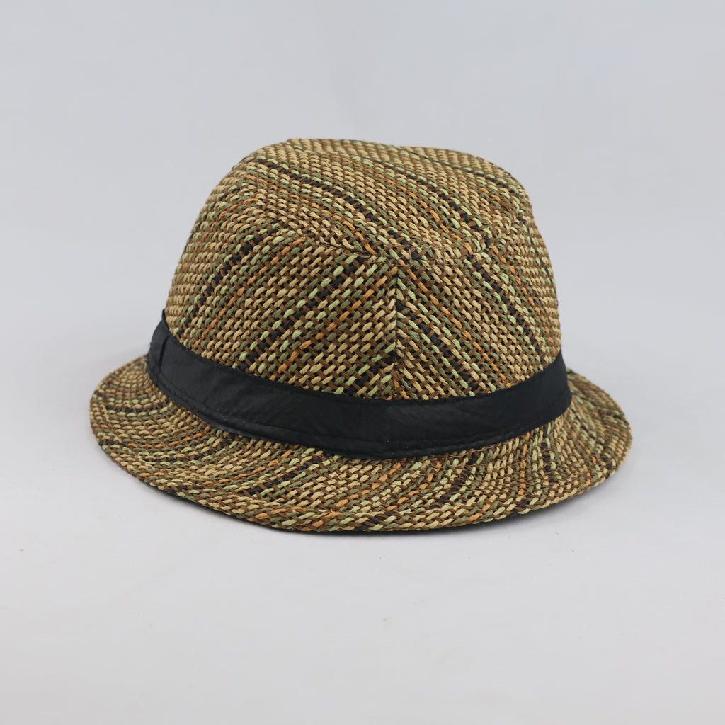 Thrifted Woven Paper Straw Fedora Hat with Black Ribbon Band