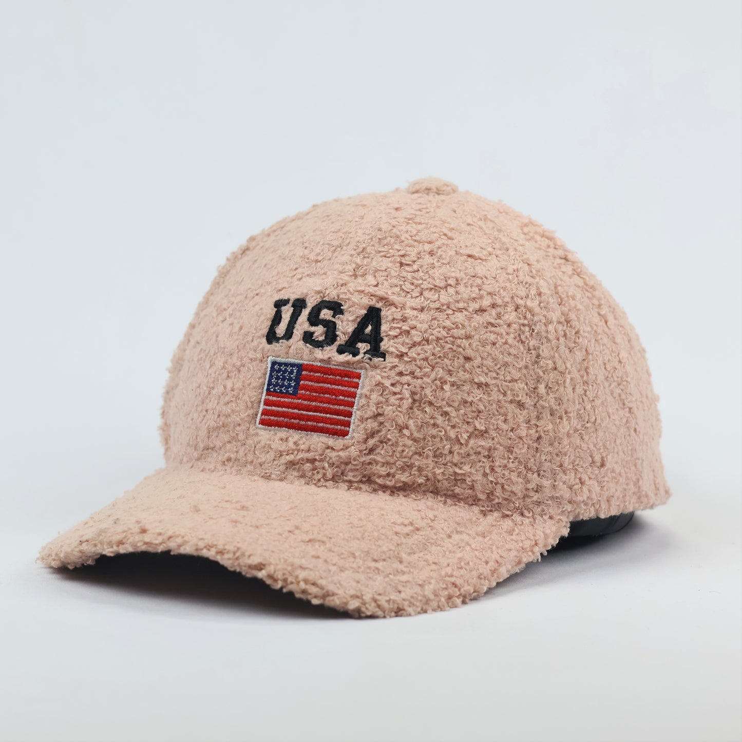 Vintage USA Flag Embroidered Sherpa Fleece Baseball Thrifted Cap – Beige