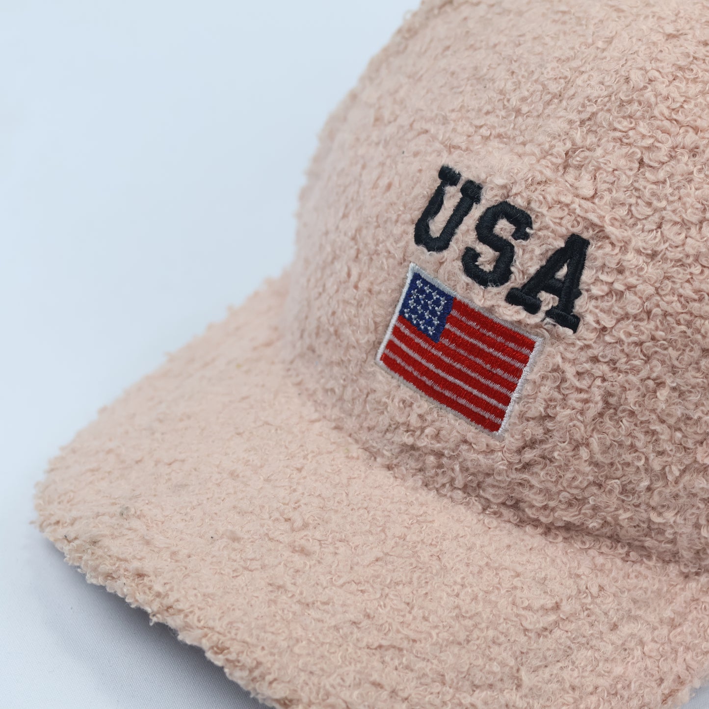 Vintage USA Flag Embroidered Sherpa Fleece Baseball Thrifted Cap – Beige