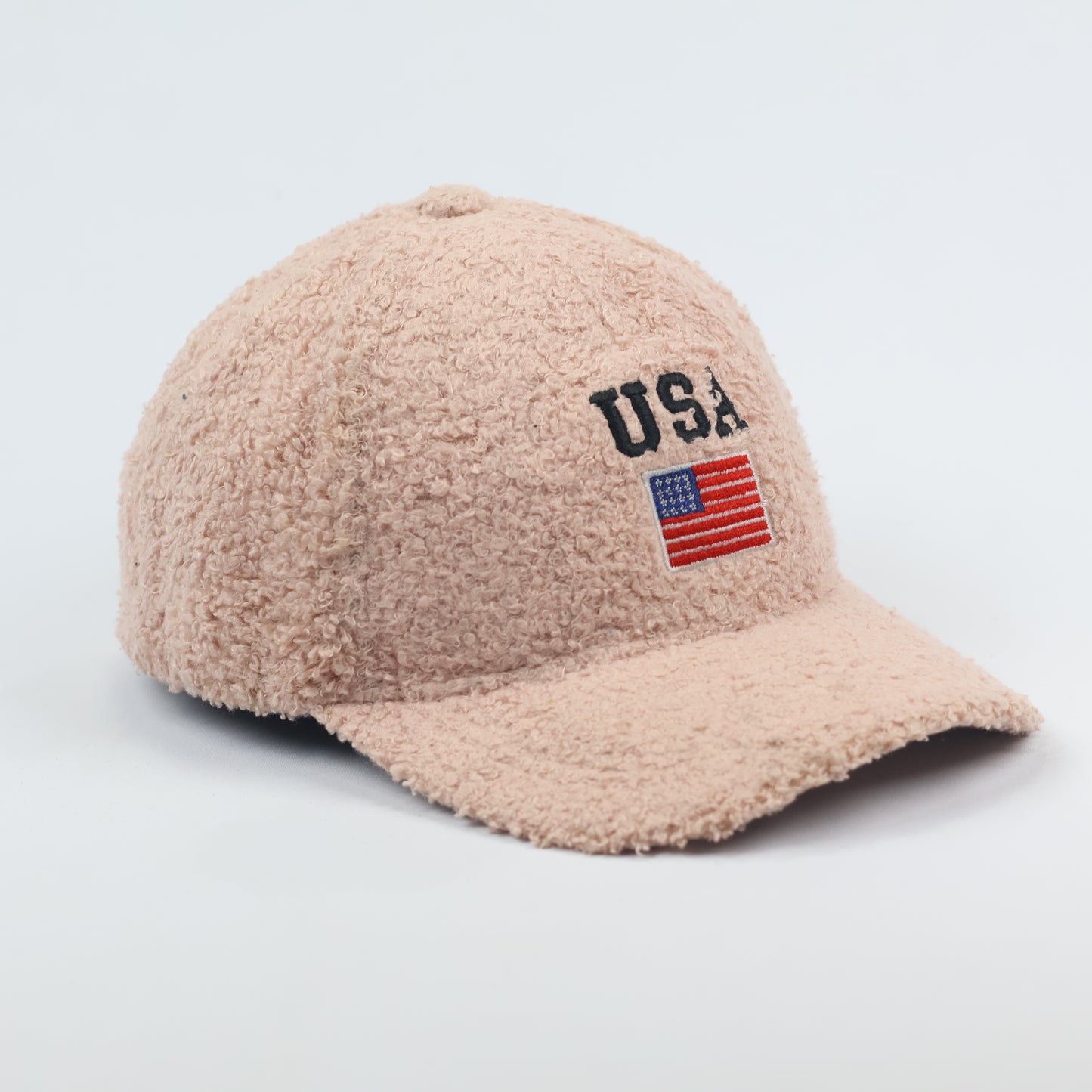 Vintage USA Flag Embroidered Sherpa Fleece Baseball Thrifted Cap – Beige