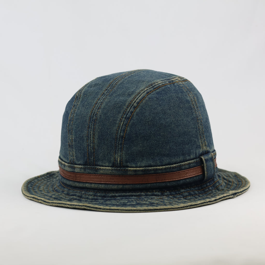 Vintage Washed Denim Bucket Hat with Leather Accent Strap | 57cm