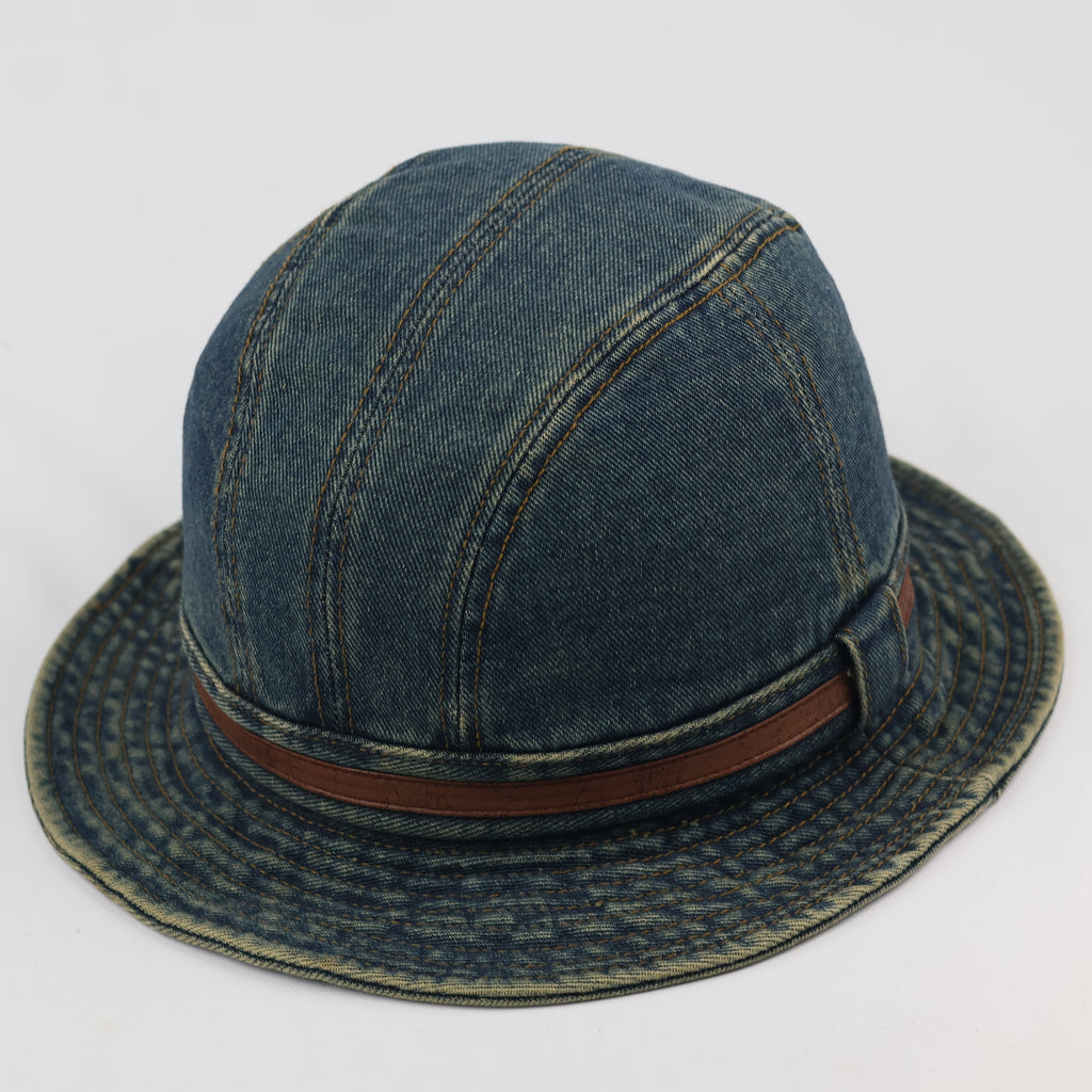 Vintage Washed Denim Bucket Hat with Leather Accent Strap | 57cm