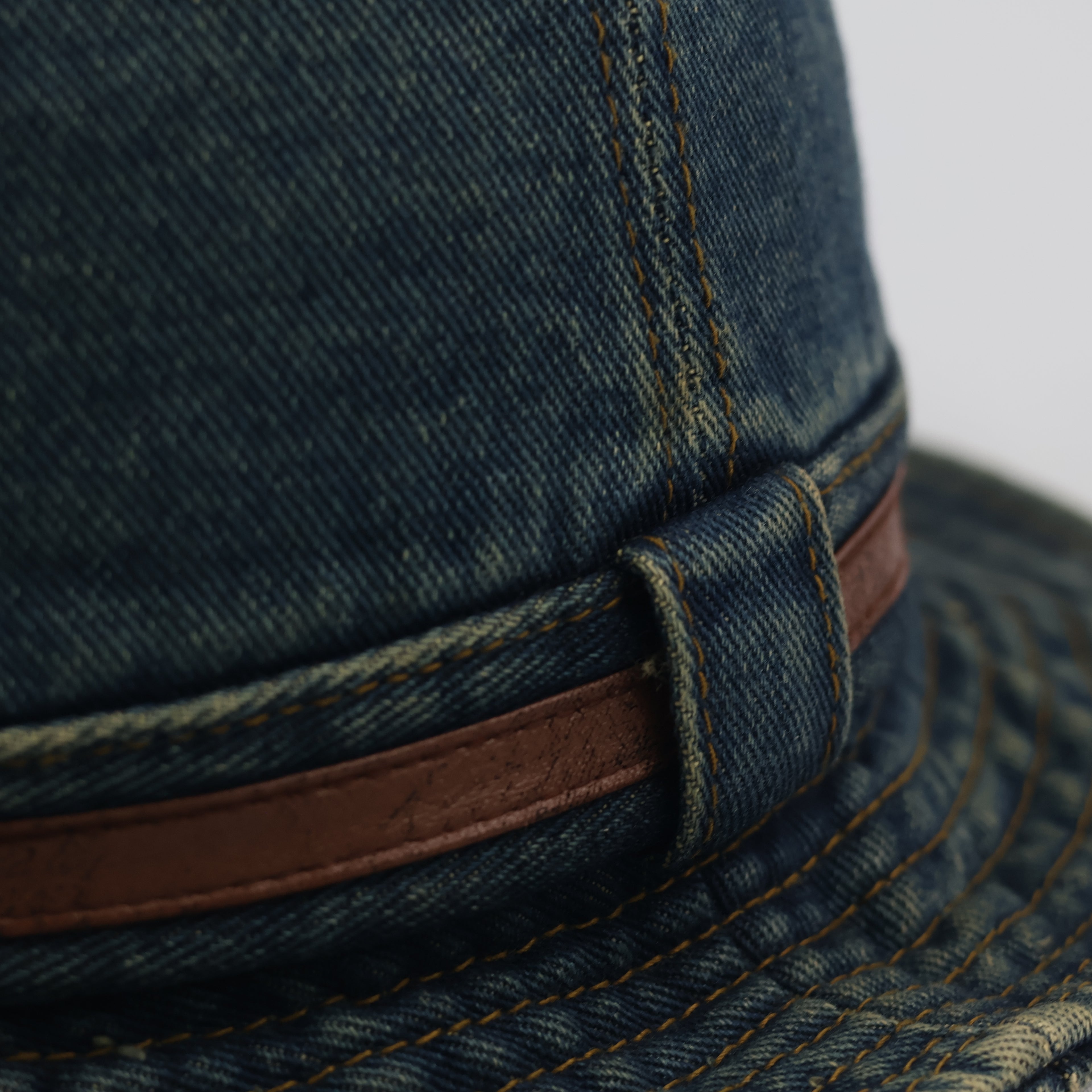 Vintage Washed Denim Bucket Hat with Leather Accent Strap | 57cm