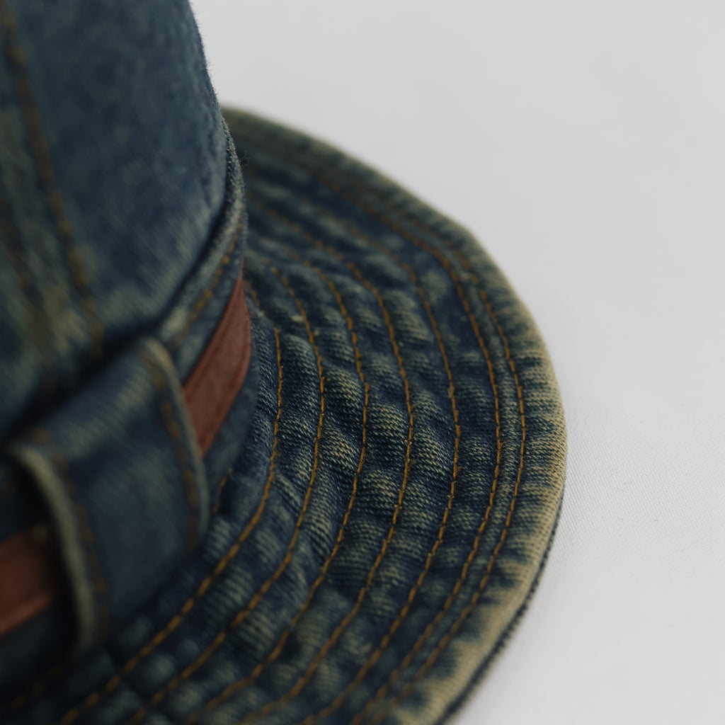Vintage Washed Denim Bucket Hat with Leather Accent Strap | 57cm
