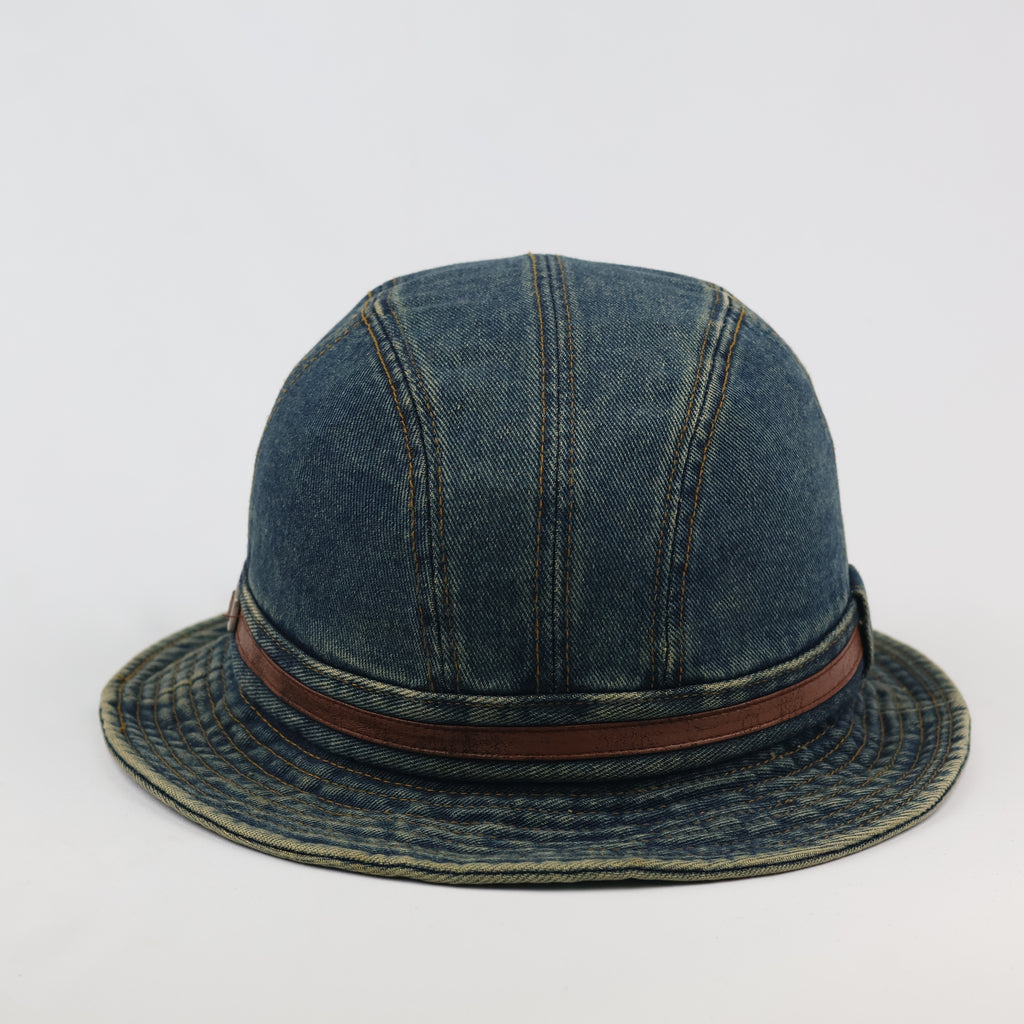 Vintage Washed Denim Bucket Hat with Leather Accent Strap | 57cm