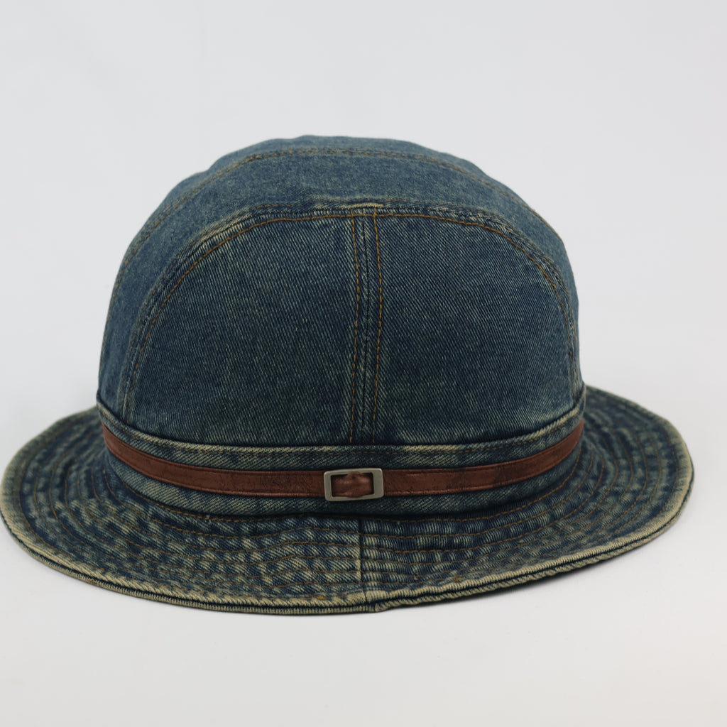 Vintage Washed Denim Bucket Hat with Leather Accent Strap | 57cm