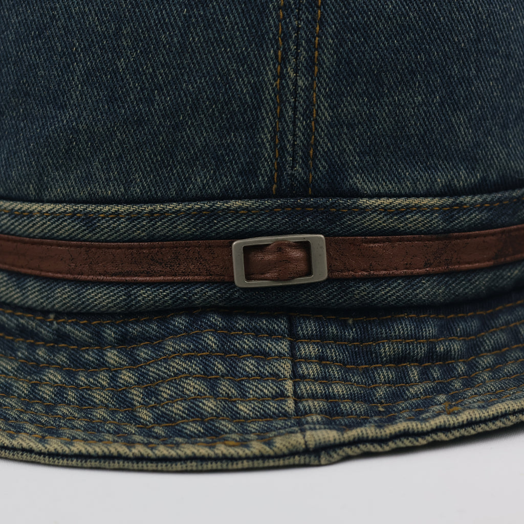 Vintage Washed Denim Bucket Hat with Leather Accent Strap | 57cm