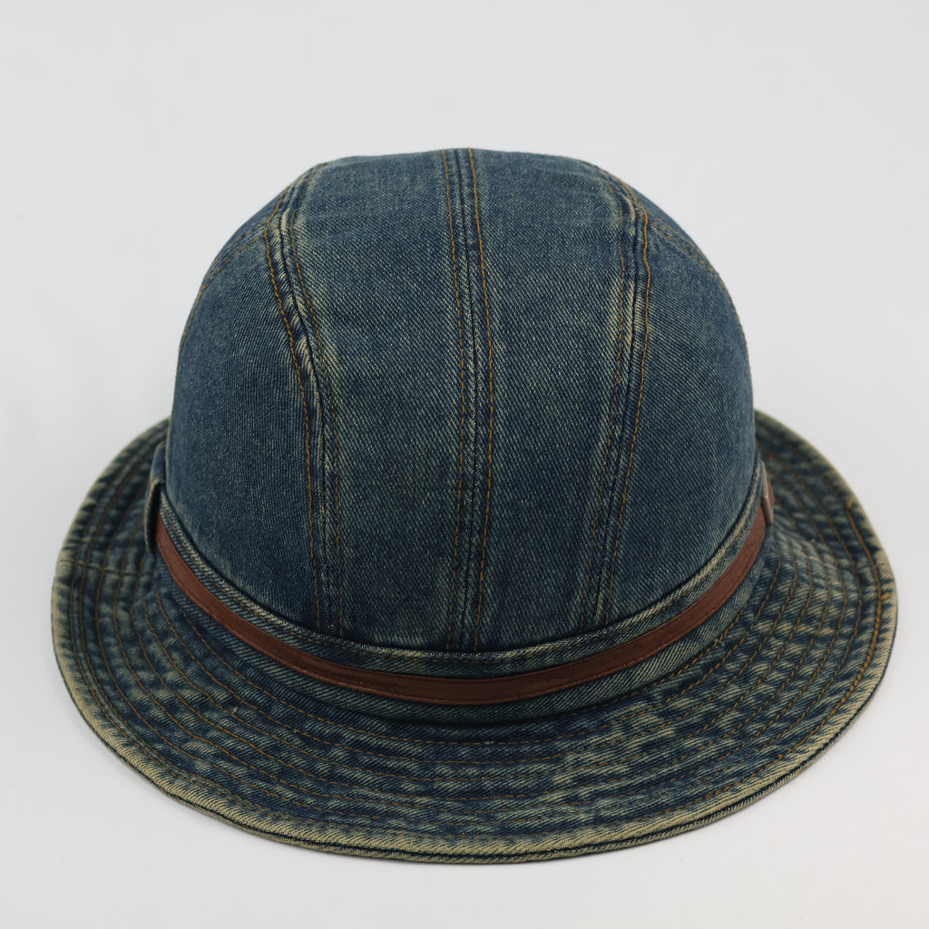 Vintage Washed Denim Bucket Hat with Leather Accent Strap | 57cm