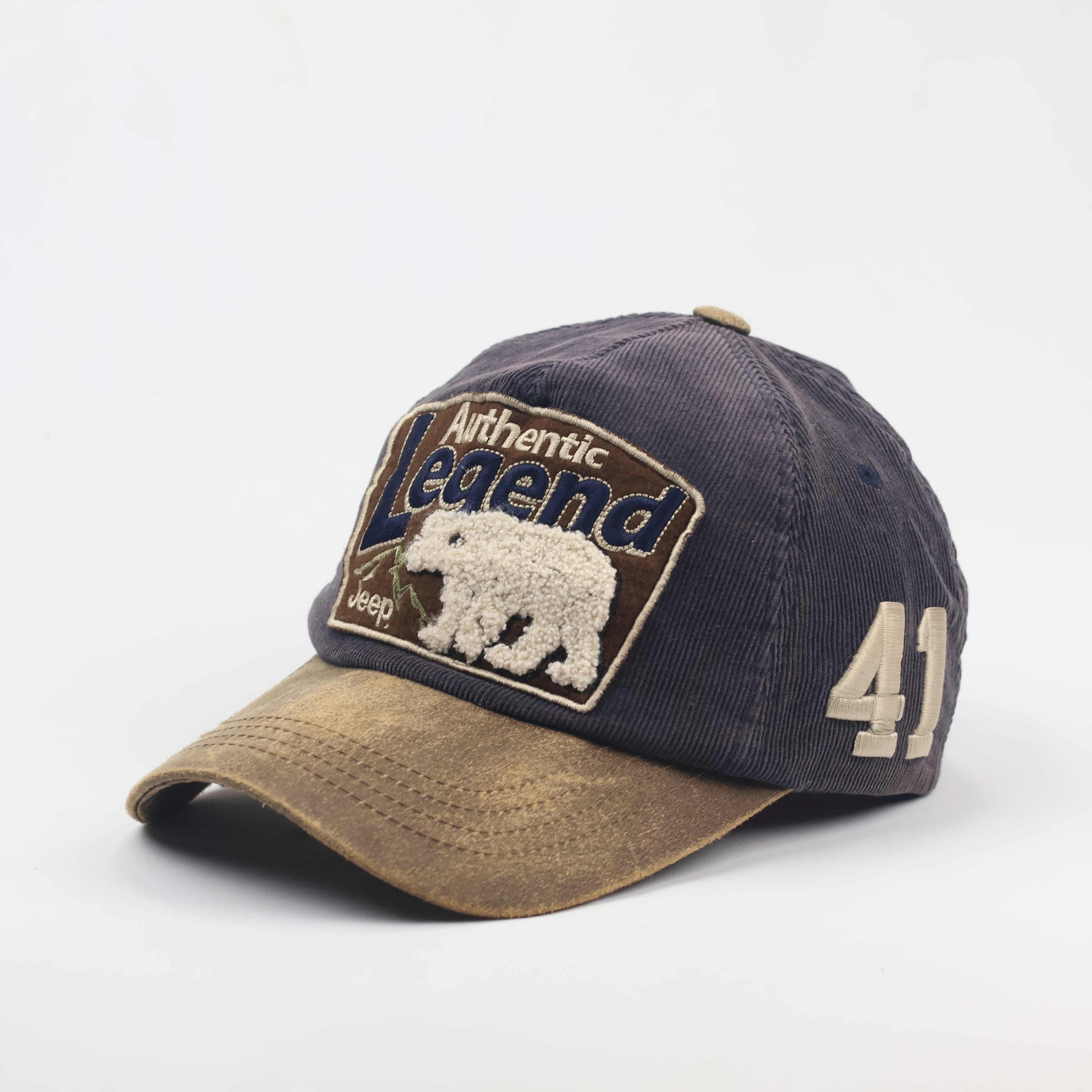 Vintage Jeep Polar Bear Patch Strapback Thrifted - Distressed Corduroy Hat