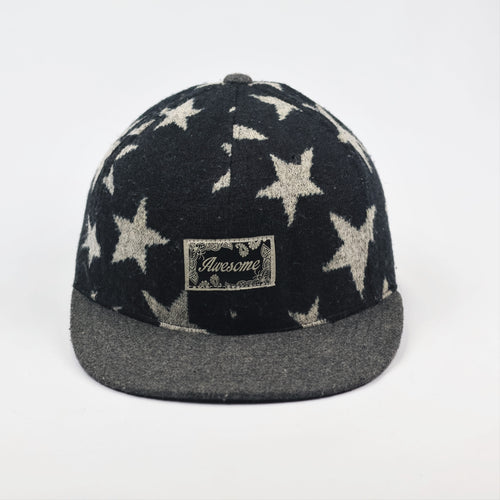 "Awesome" Stars Pattern Wool Blend Snapback Thrifted Hat – Black & Grey