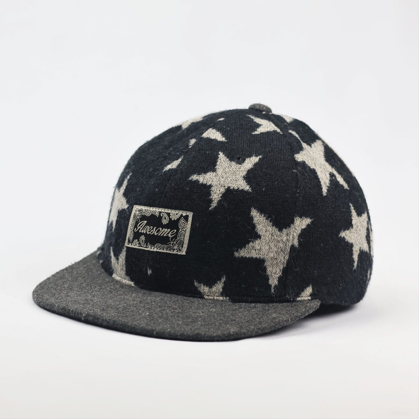 "Awesome" Stars Pattern Wool Blend Snapback Thrifted Hat – Black & Grey