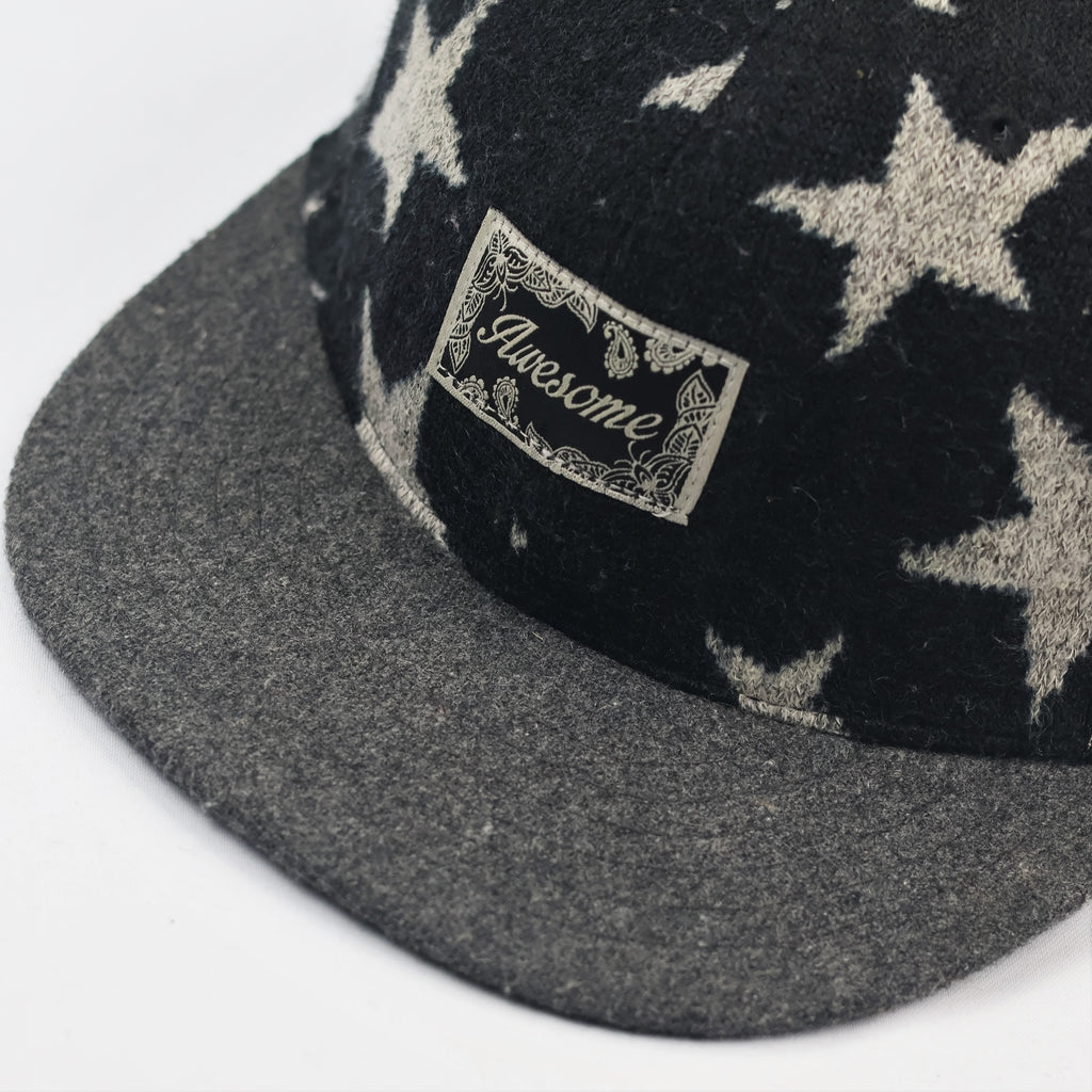 "Awesome" Stars Pattern Wool Blend Snapback Thrifted Hat – Black & Grey
