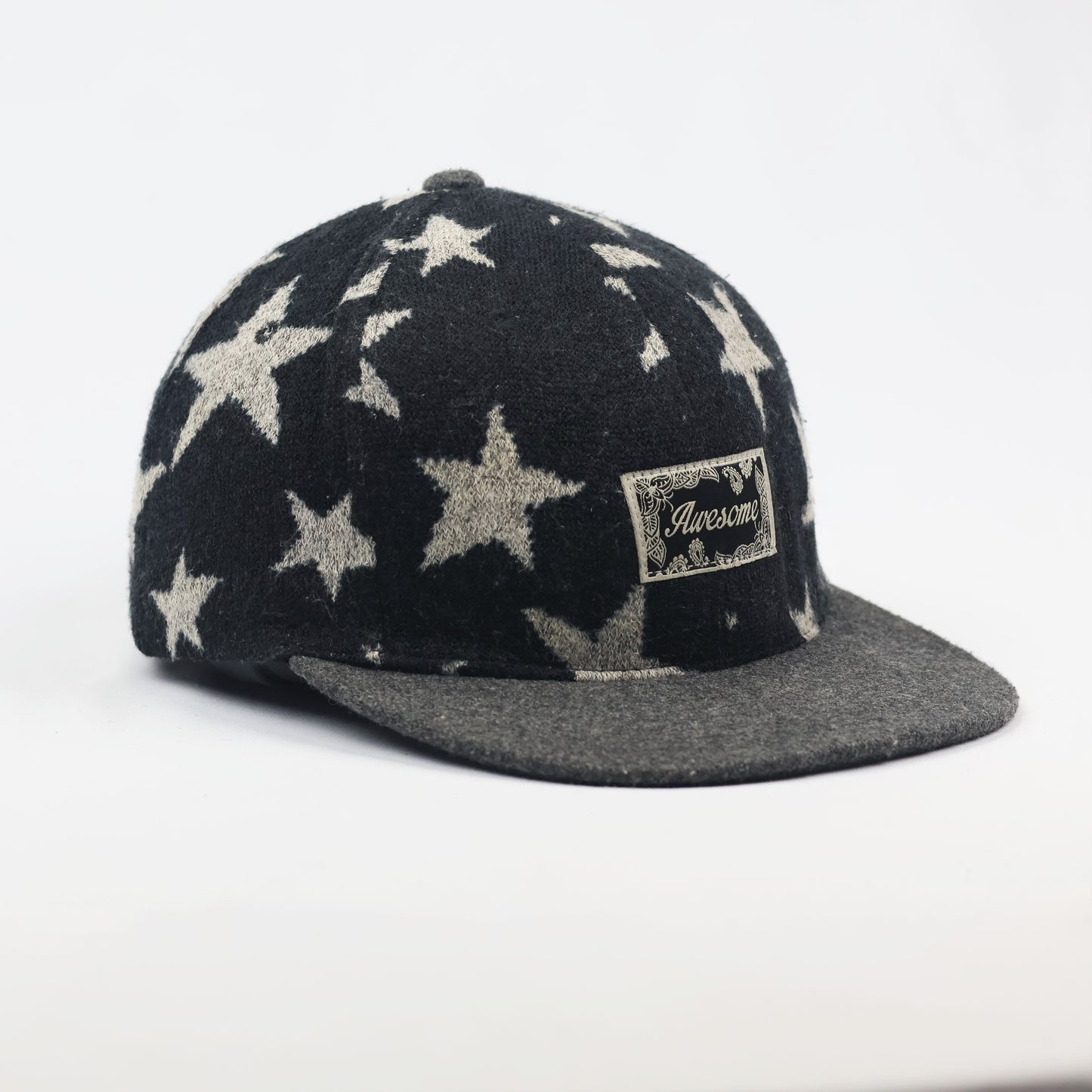 "Awesome" Stars Pattern Wool Blend Snapback Thrifted Hat – Black & Grey