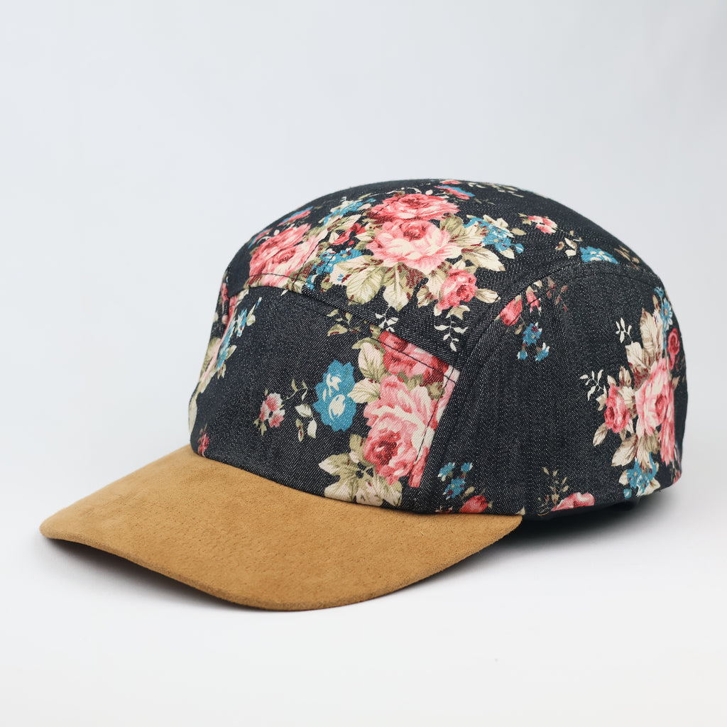 Vintage Floral 5-Panel Camp Hat – Denim & Suede Streetwear Cap