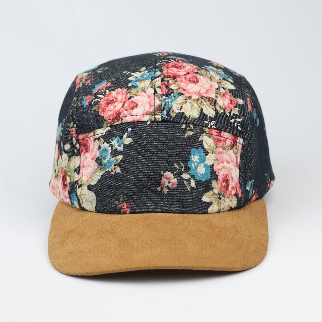 Vintage Floral 5-Panel Camp Hat – Denim & Suede Streetwear Cap