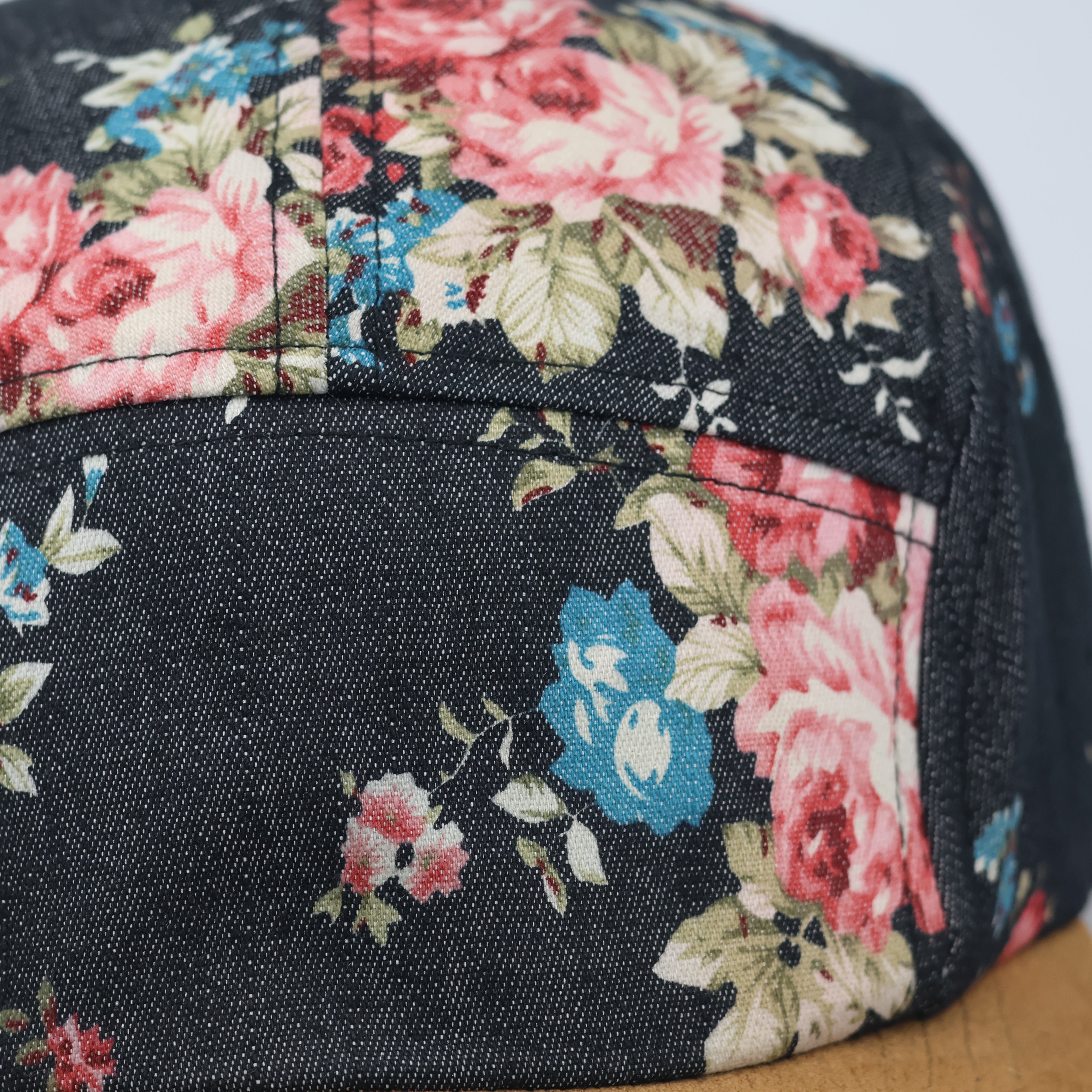Vintage Floral 5-Panel Camp Hat – Denim & Suede Streetwear Cap