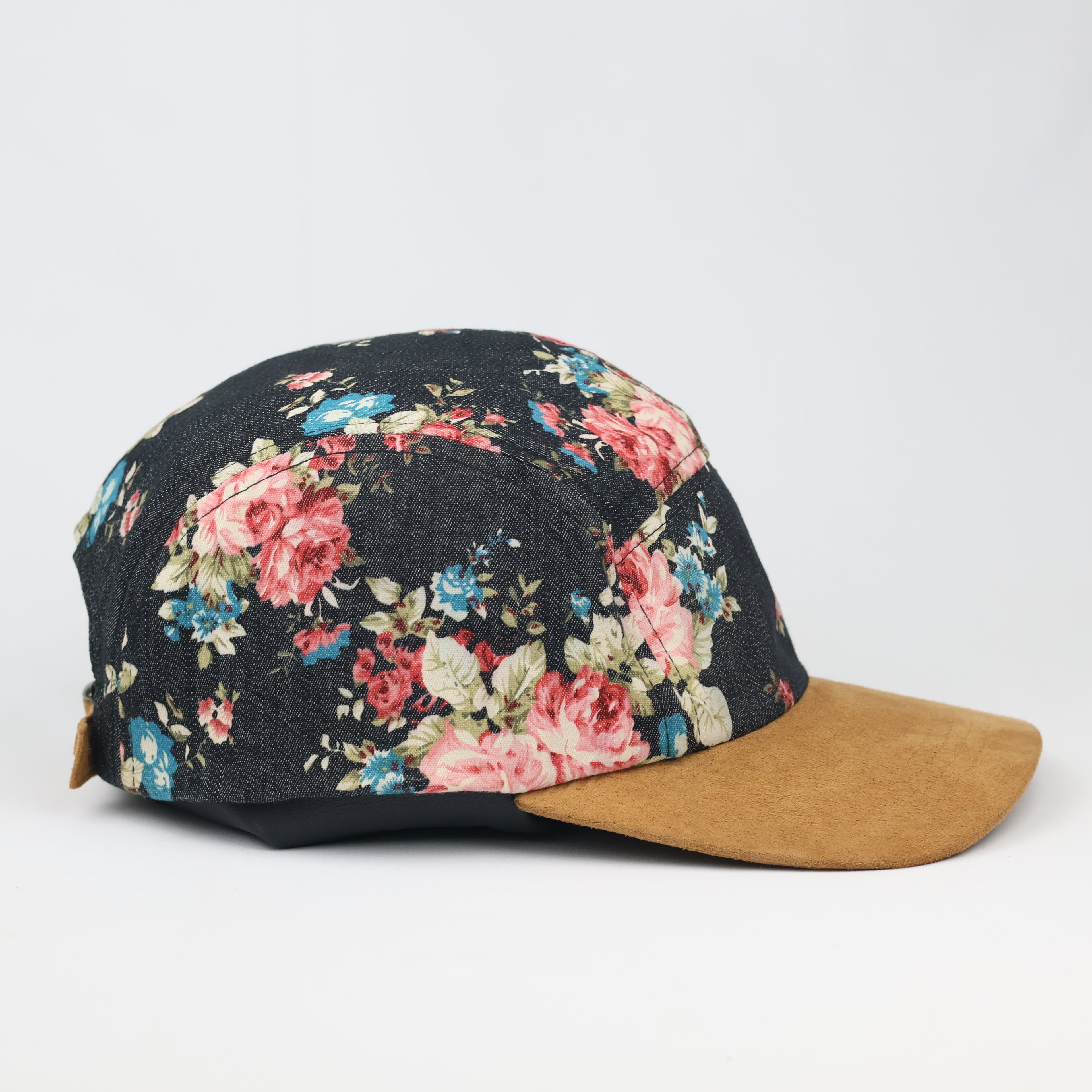 Vintage Floral 5-Panel Camp Hat – Denim & Suede Streetwear Cap