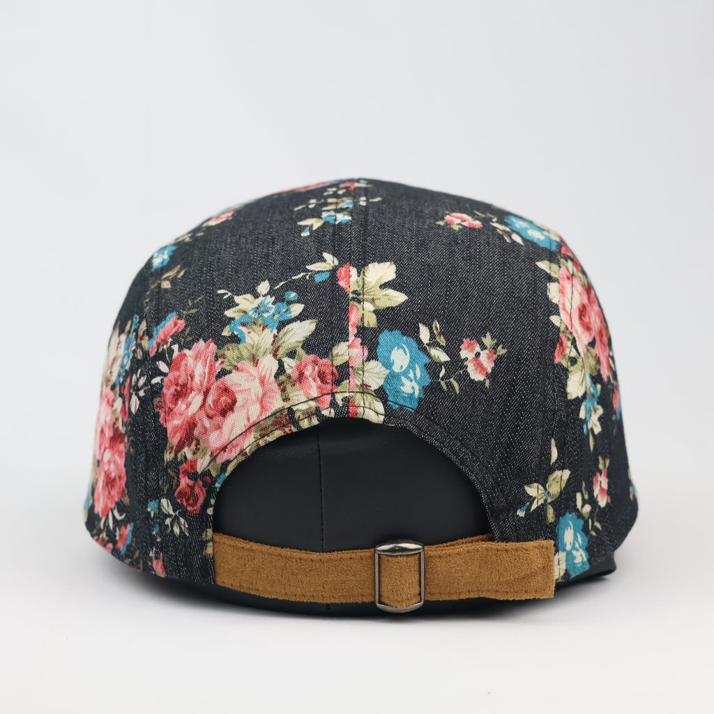 Vintage Floral 5-Panel Camp Hat – Denim & Suede Streetwear Cap