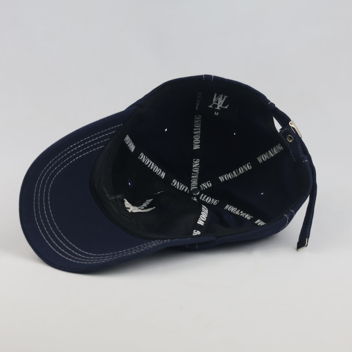 Thrifted WOOALONG Dark Navy White Contrast Stitch Strapback Cap | 10028