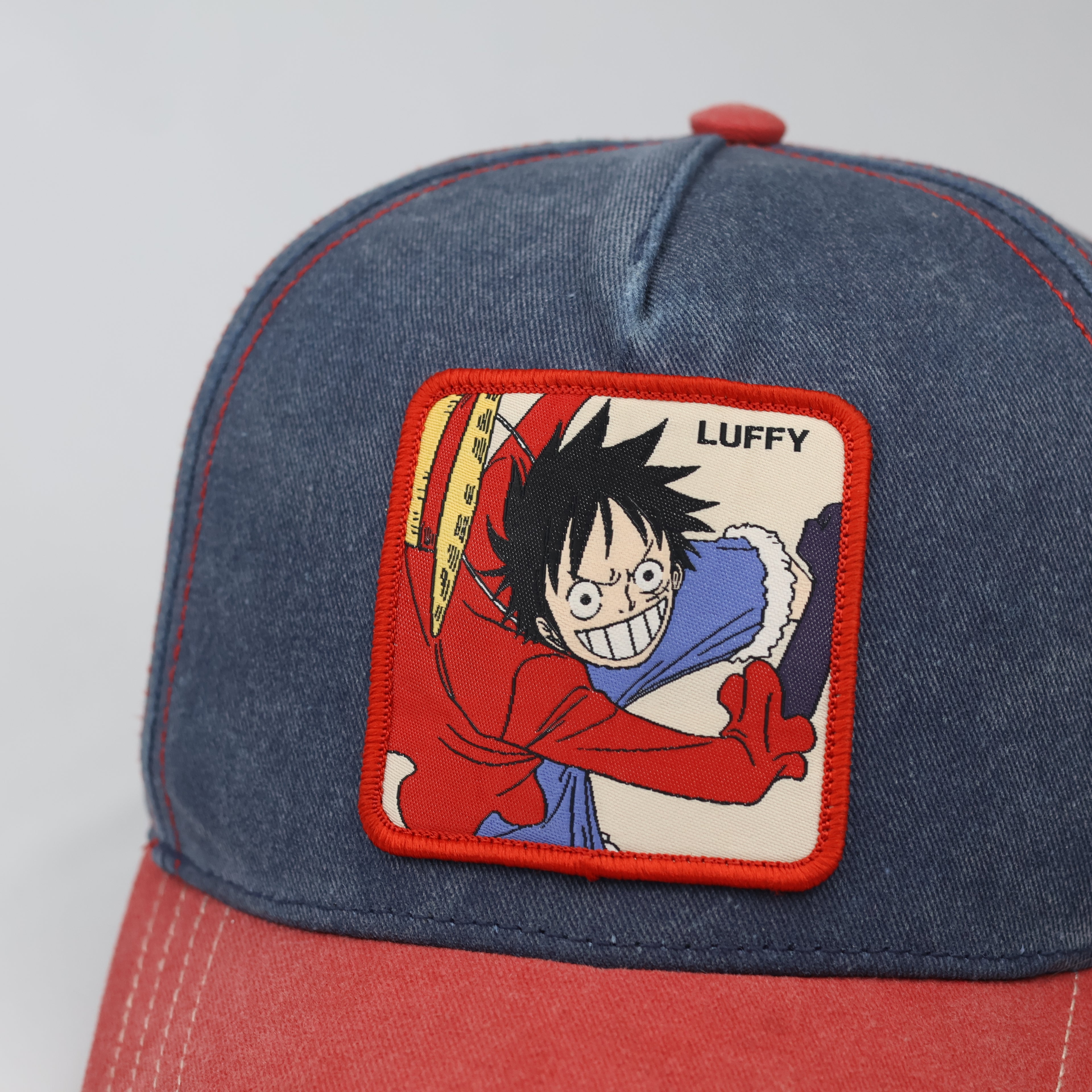 Vintage-Style One Piece Luffy Cotton Cap – Red & Blue Two-Tone Hat