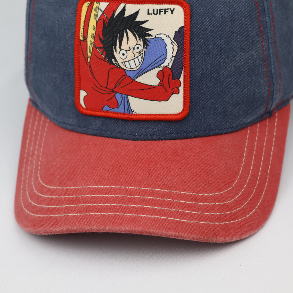 Vintage-Style One Piece Luffy Cotton Cap – Red & Blue Two-Tone Hat