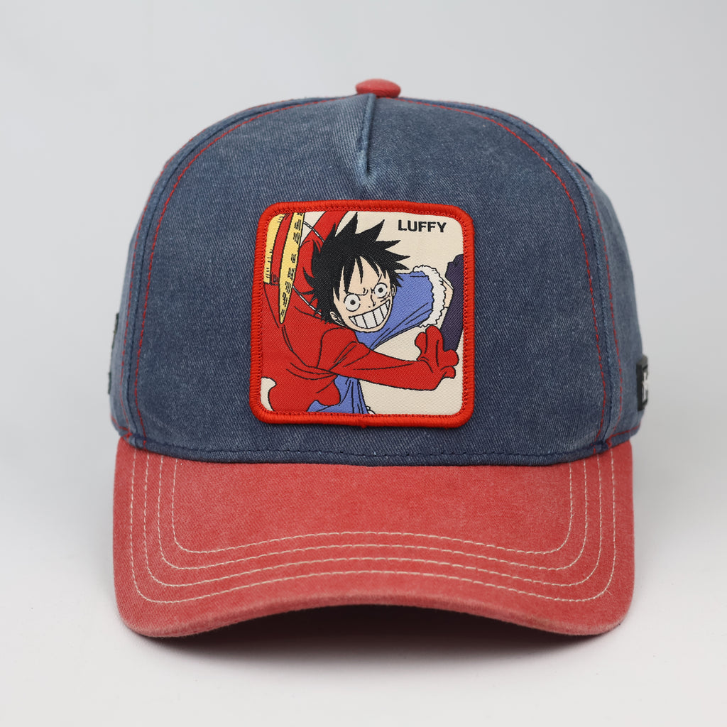 Vintage-Style One Piece Luffy Cotton Cap – Red & Blue Two-Tone Hat