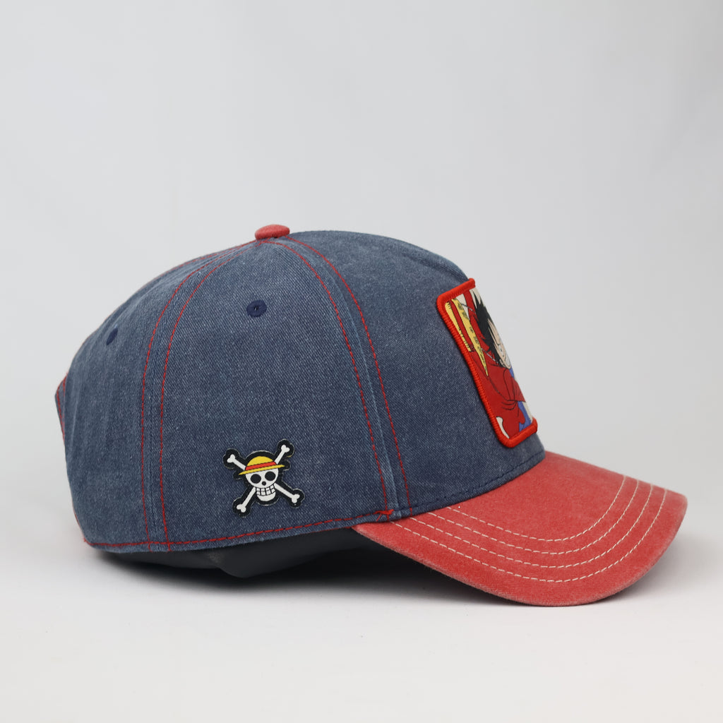 Vintage-Style One Piece Luffy Cotton Cap – Red & Blue Two-Tone Hat