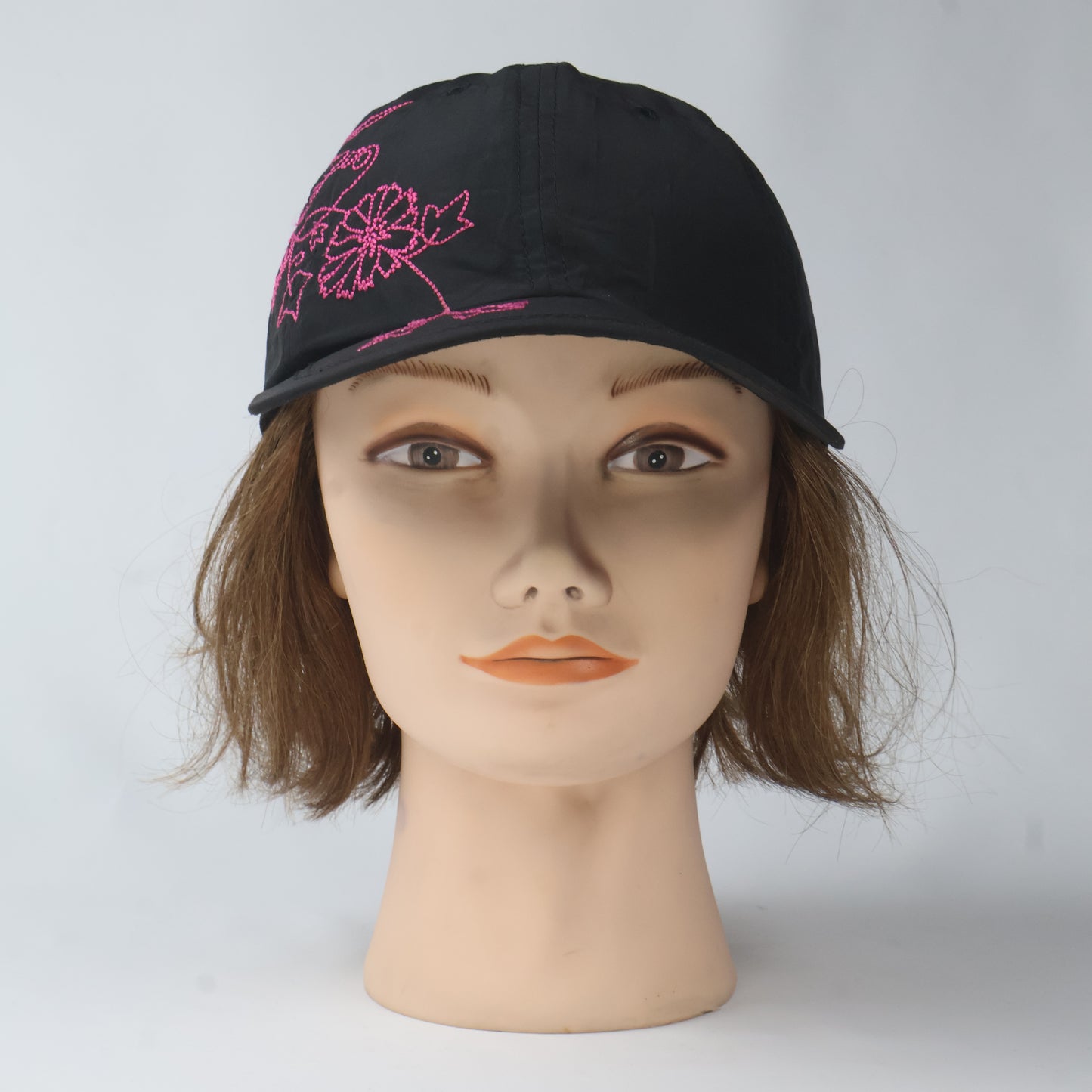 Pink Floral Embroidered Technical Cap - Black