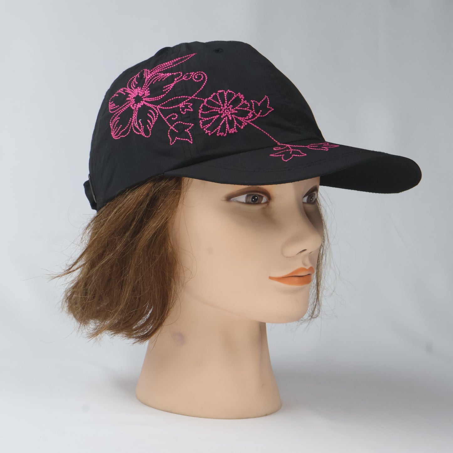 Pink Floral Embroidered Technical Cap - Black