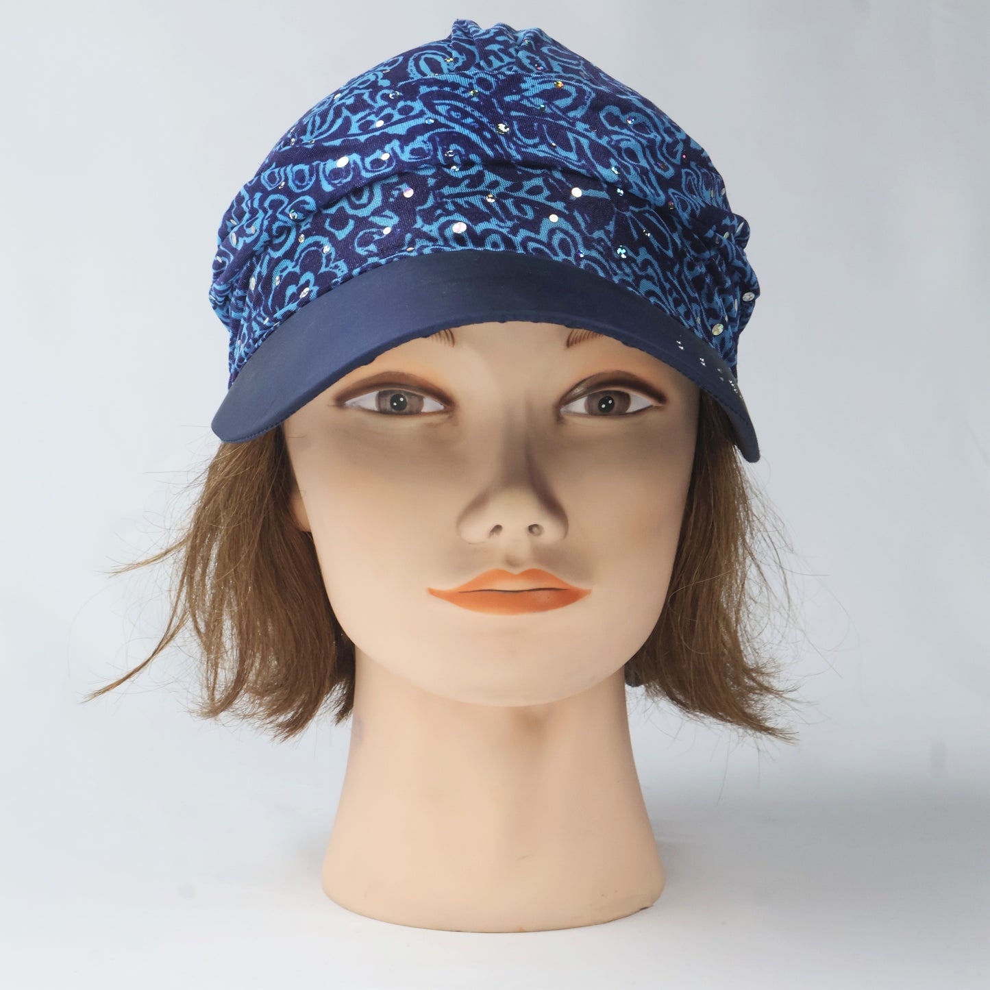 Rhinestone Scarf Visor Cap - Blue Paisley