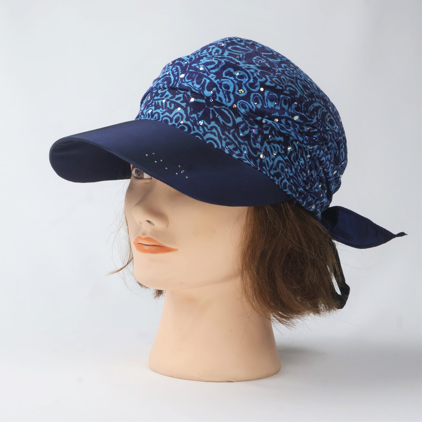 Rhinestone Scarf Visor Cap - Blue Paisley