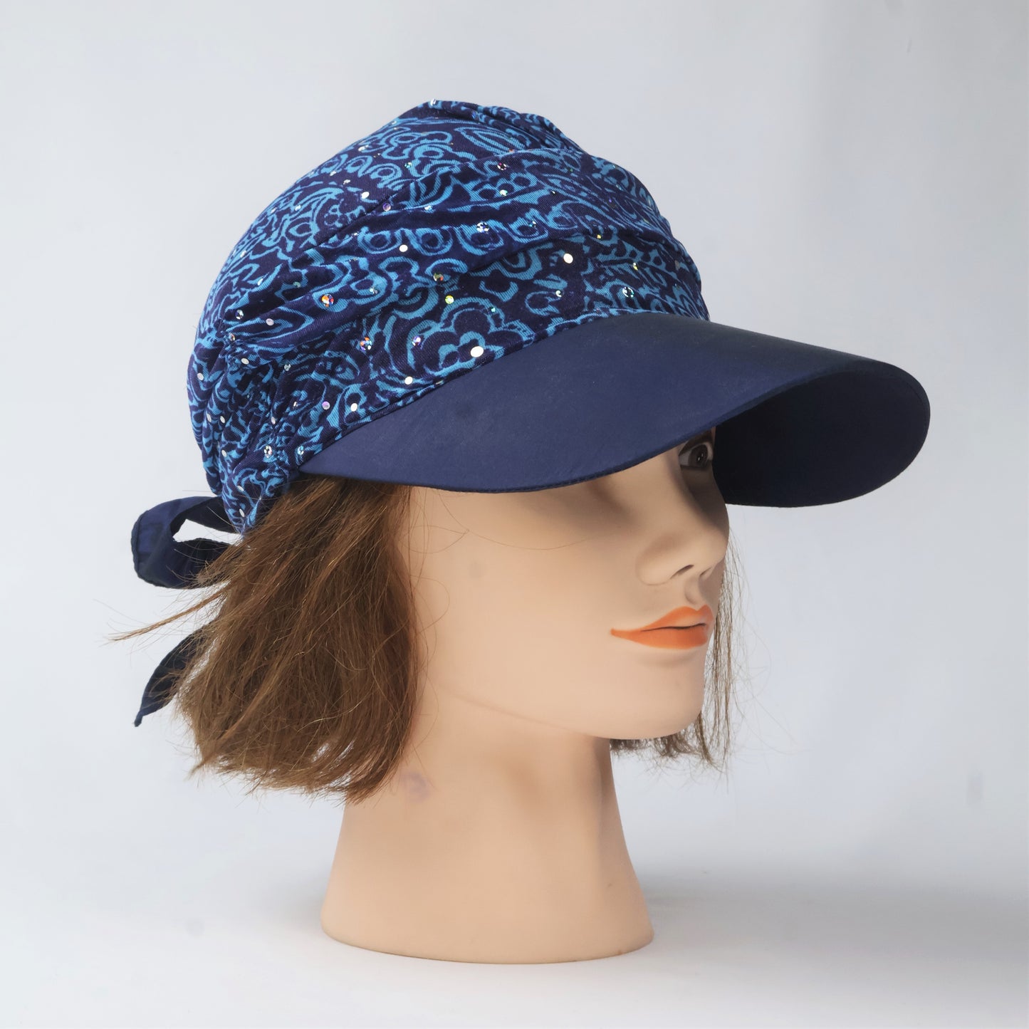 Rhinestone Scarf Visor Cap - Blue Paisley