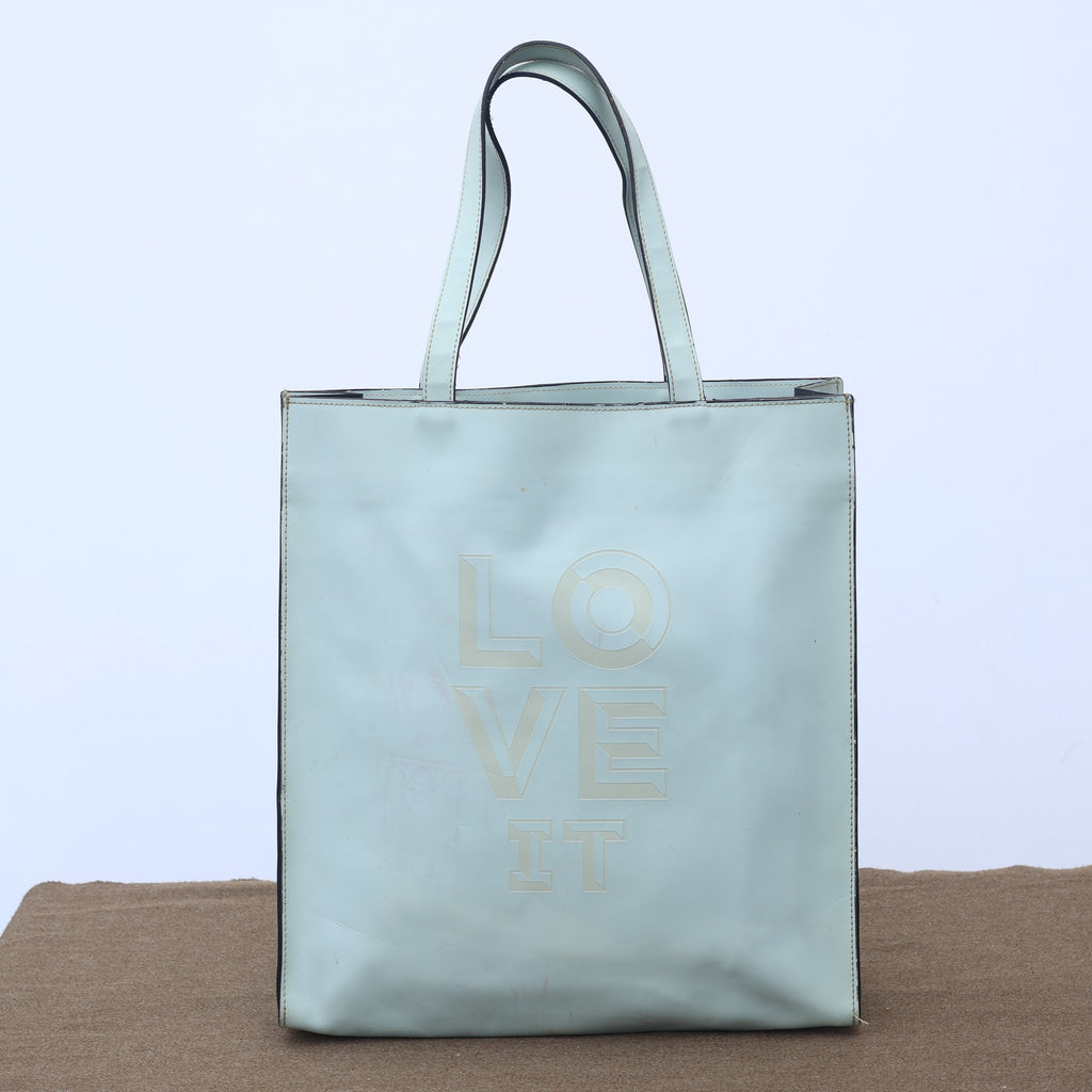 Retro "LOVE IT" Graphic Leather Thrifted Tote Bag - Mint Green