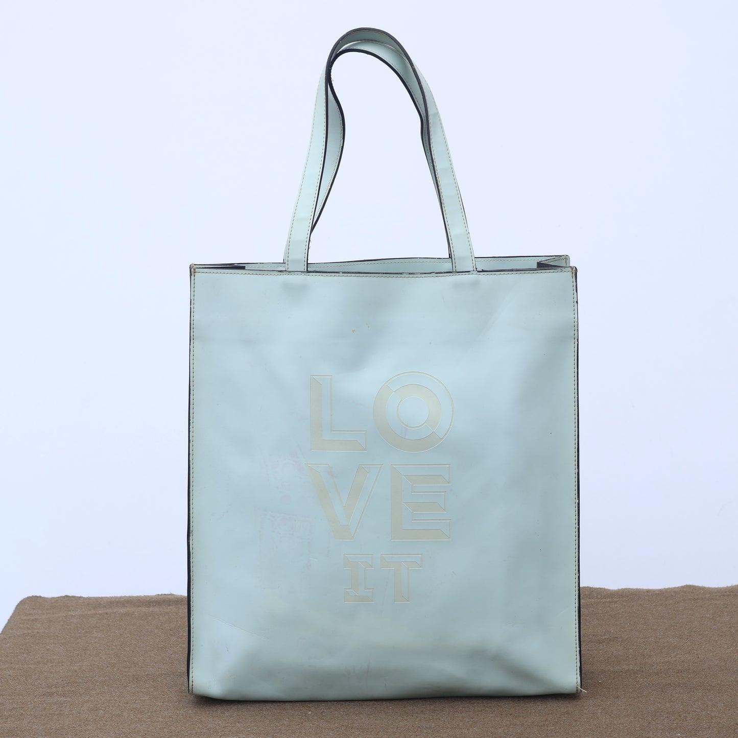 Retro "LOVE IT" Graphic Leather Thrifted Tote Bag - Mint Green