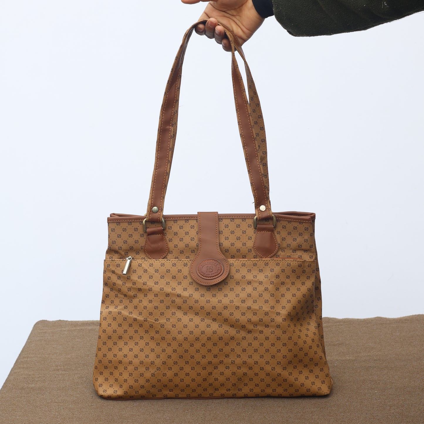 Vintage AS Popular Styles Monogram Tote Thrifted Bag - Brown Faux Leather Shoulder Bag