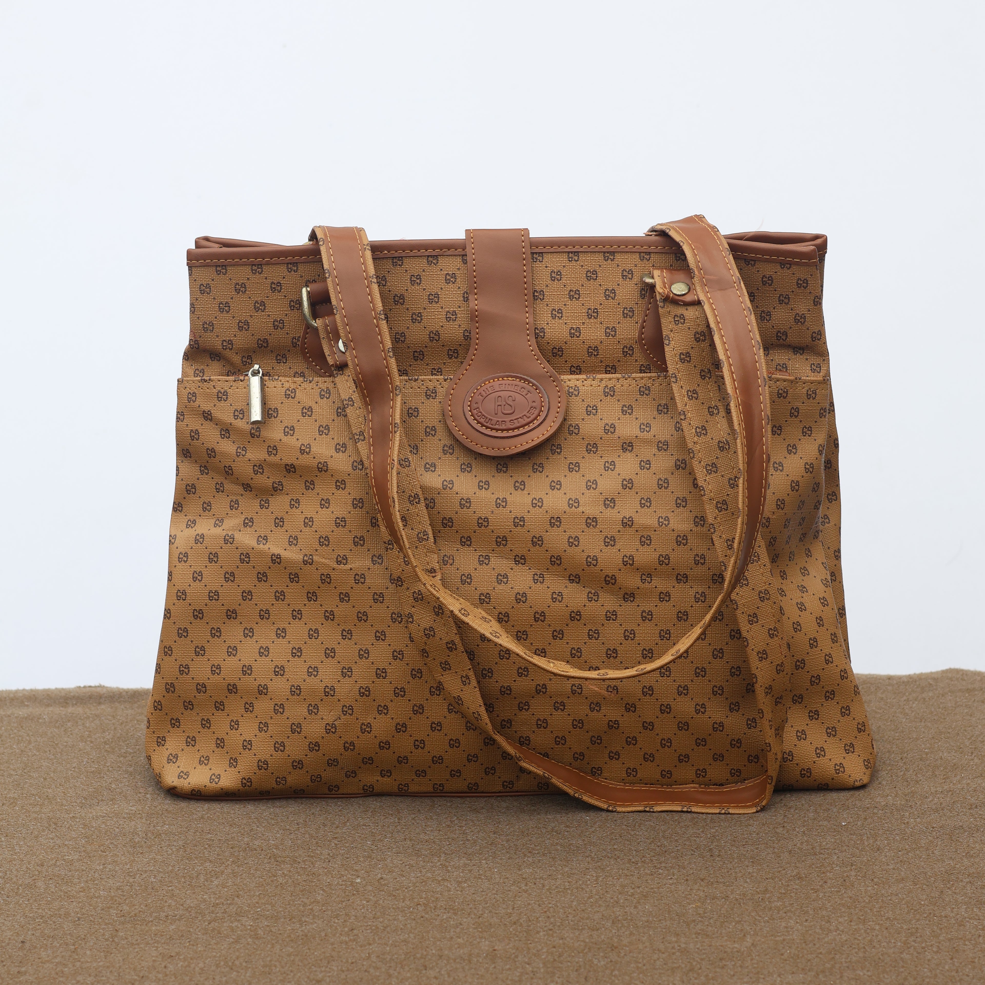 Vintage AS Popular Styles Monogram Tote Thrifted Bag - Brown Faux Leather Shoulder Bag