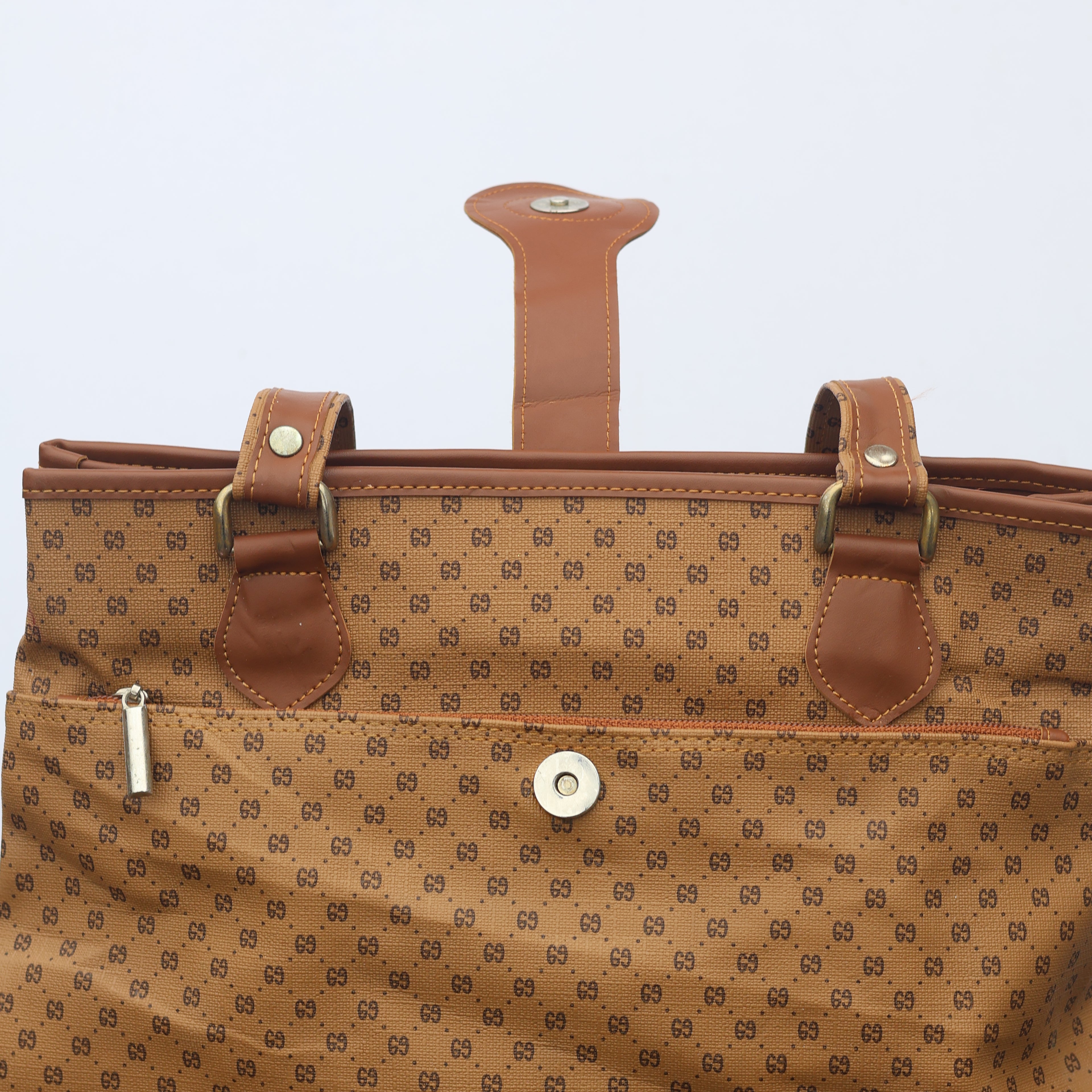 Vintage AS Popular Styles Monogram Tote Thrifted Bag - Brown Faux Leather Shoulder Bag