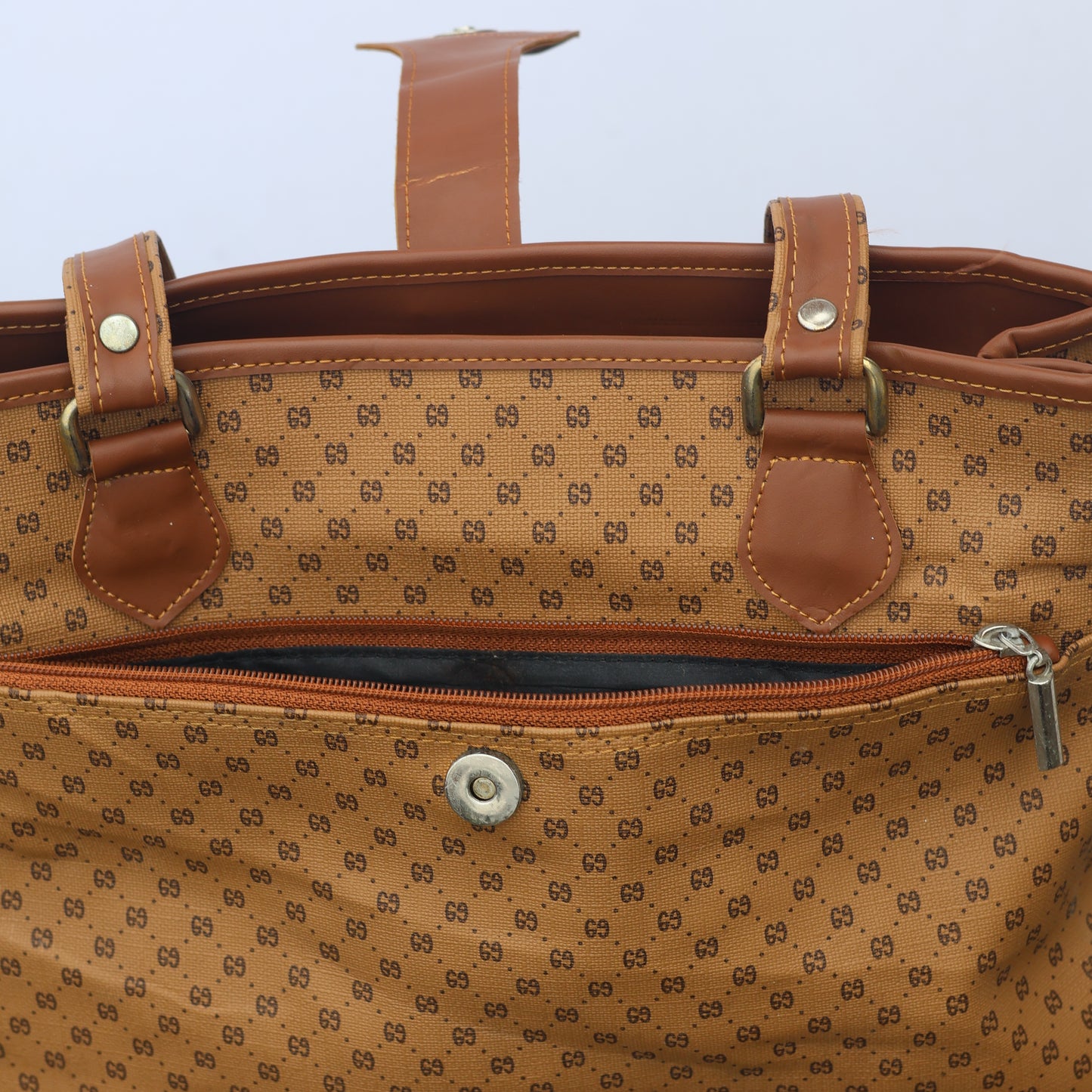 Vintage AS Popular Styles Monogram Tote Thrifted Bag - Brown Faux Leather Shoulder Bag