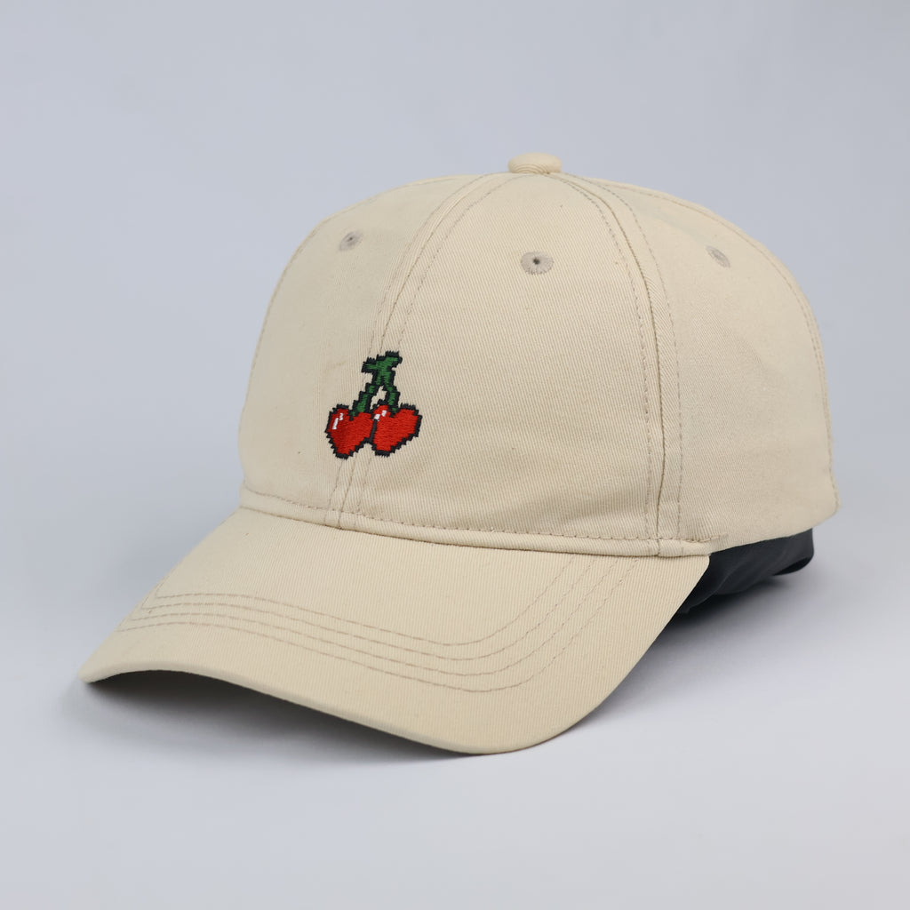 Pixel Cherry Embroidered Dad Hat - Beige Low Profile Cotton Cap