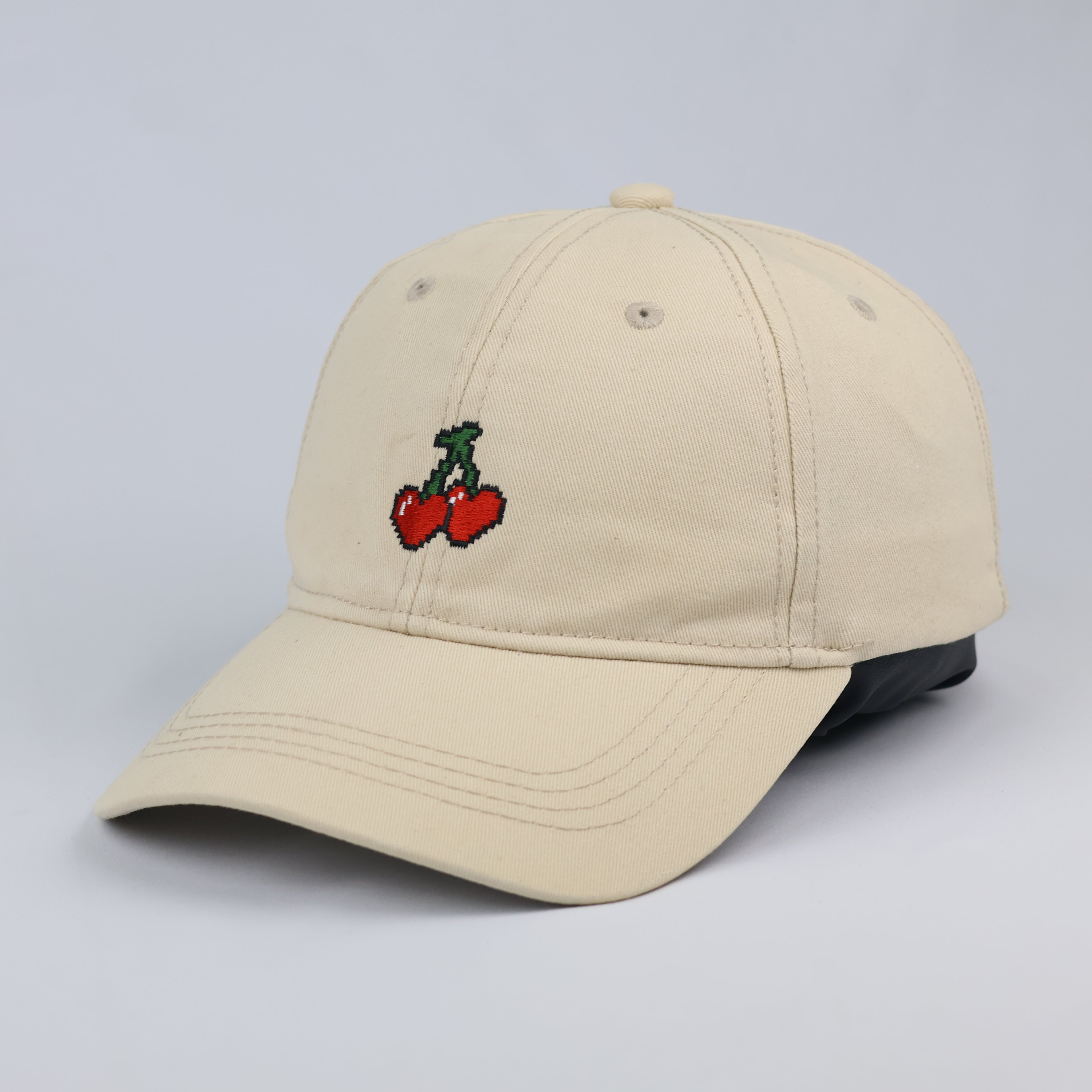 Pixel Cherry Embroidered Dad Hat - Beige Low Profile Cotton Cap