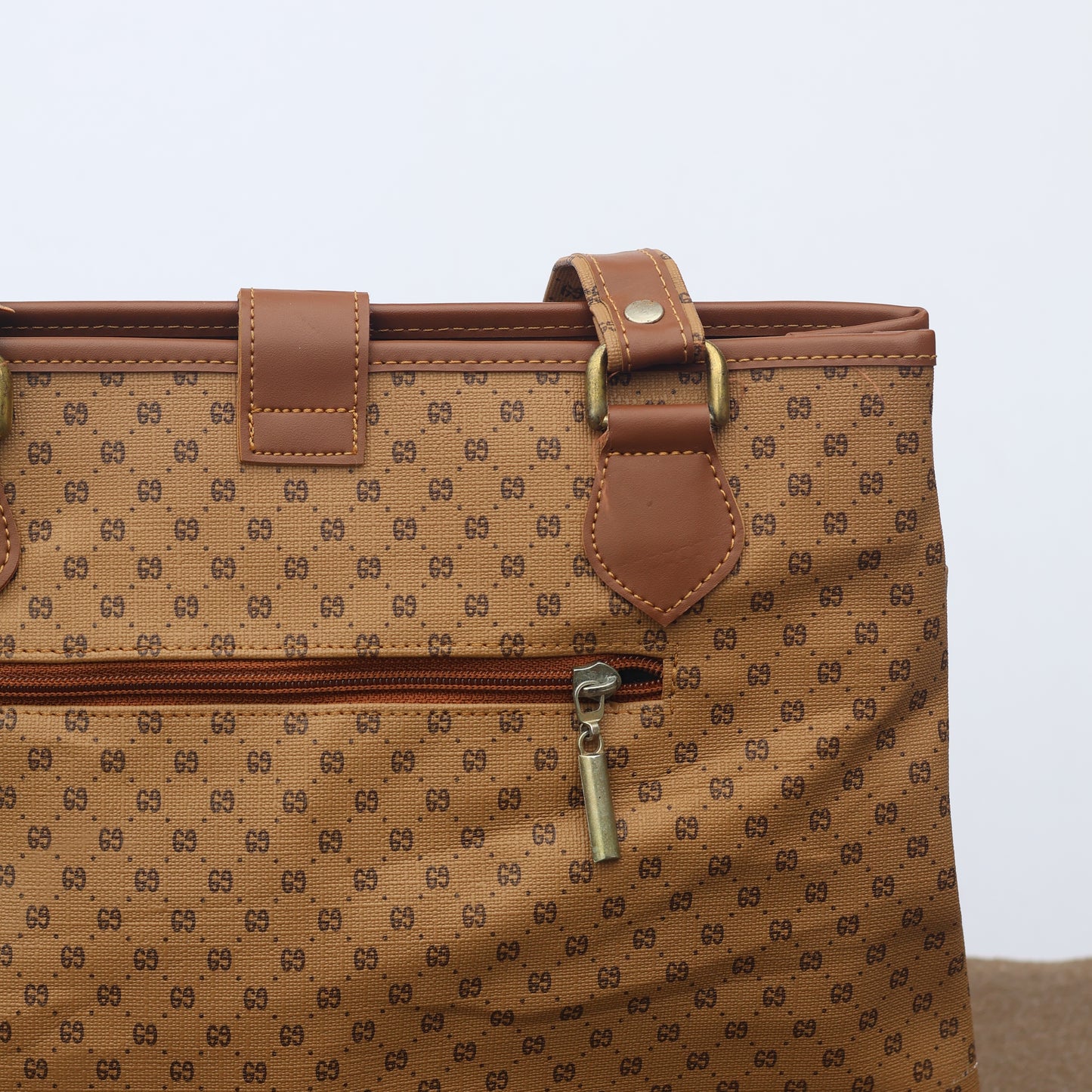 Vintage AS Popular Styles Monogram Tote Thrifted Bag - Brown Faux Leather Shoulder Bag