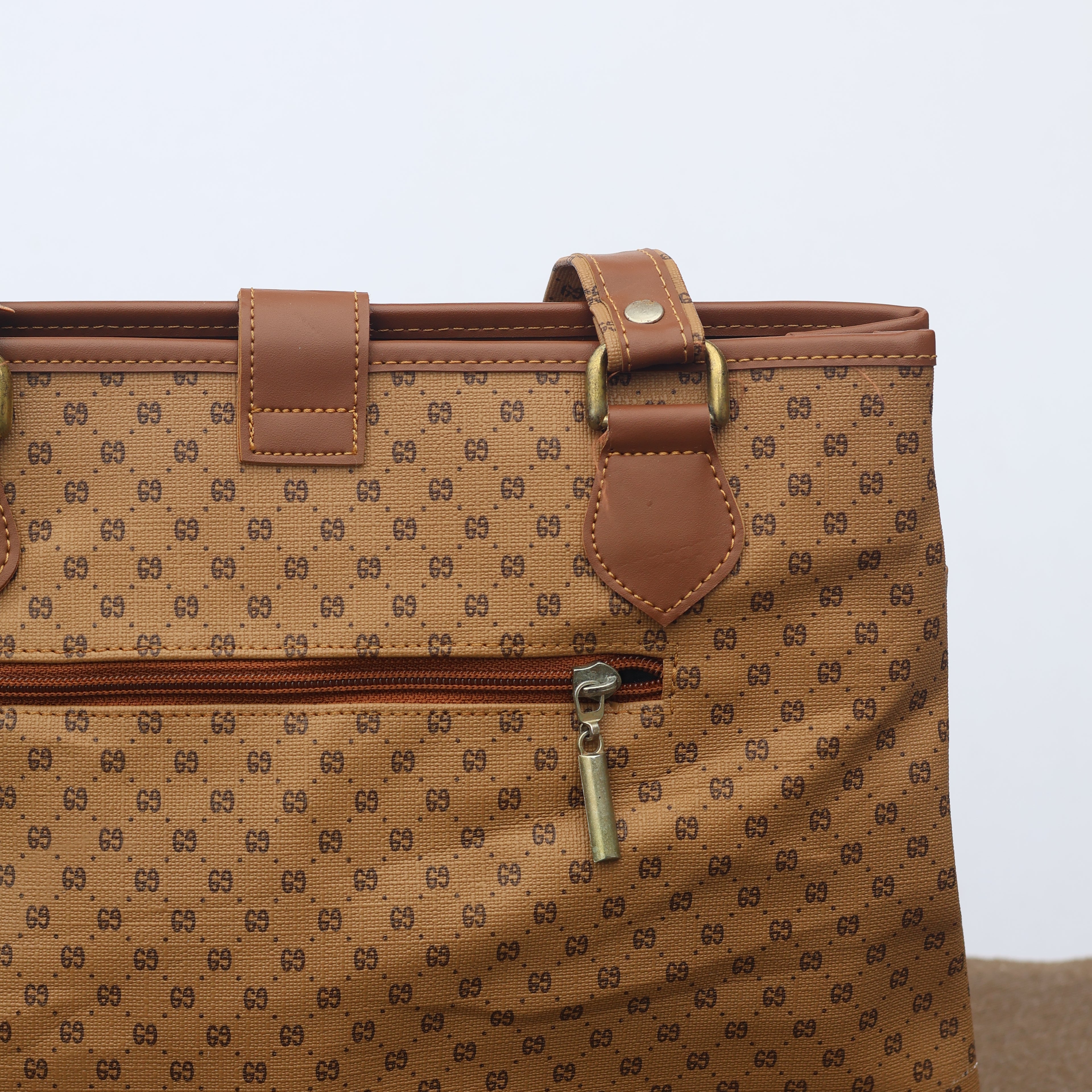Vintage AS Popular Styles Monogram Tote Thrifted Bag - Brown Faux Leather Shoulder Bag