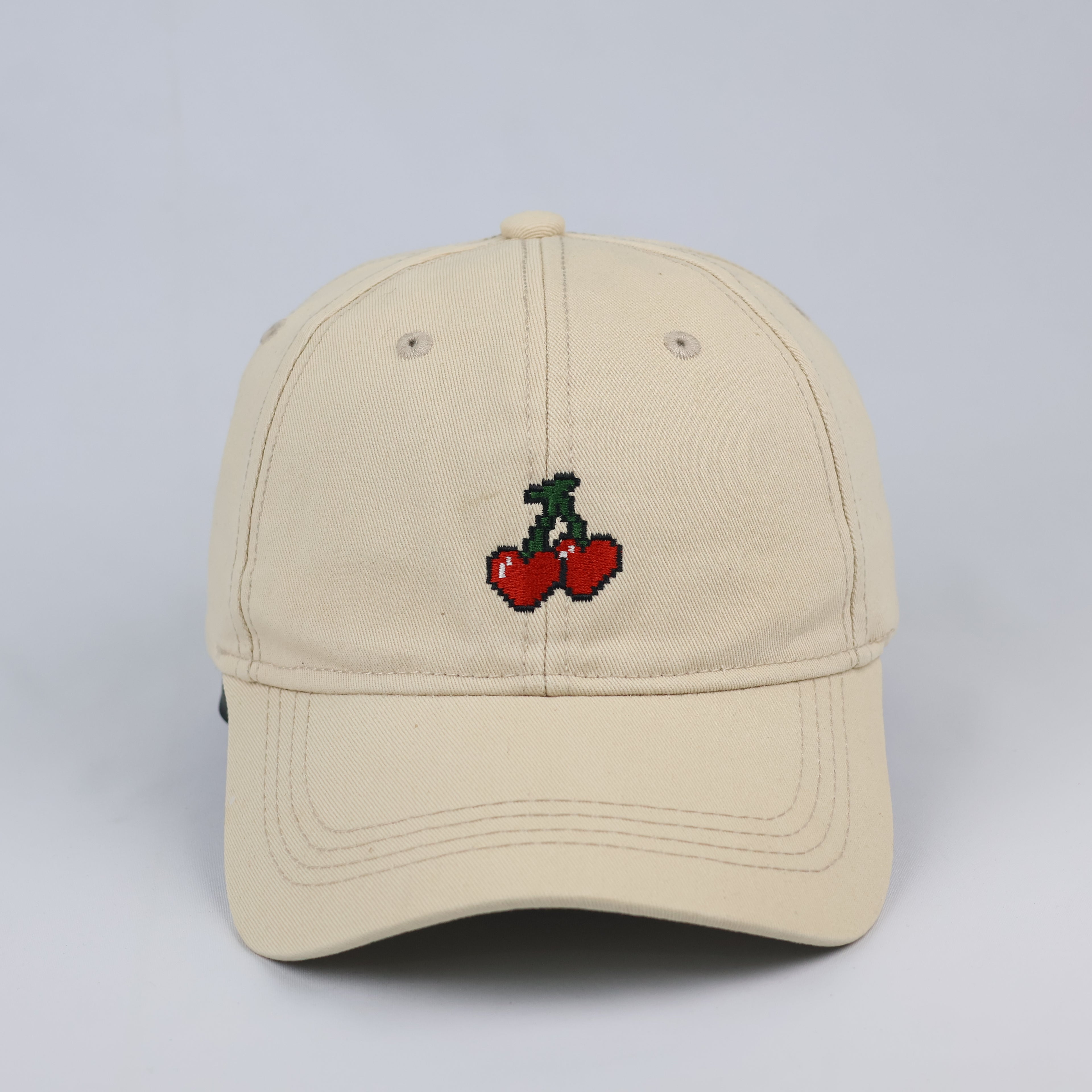 Pixel Cherry Embroidered Dad Hat - Beige Low Profile Cotton Cap