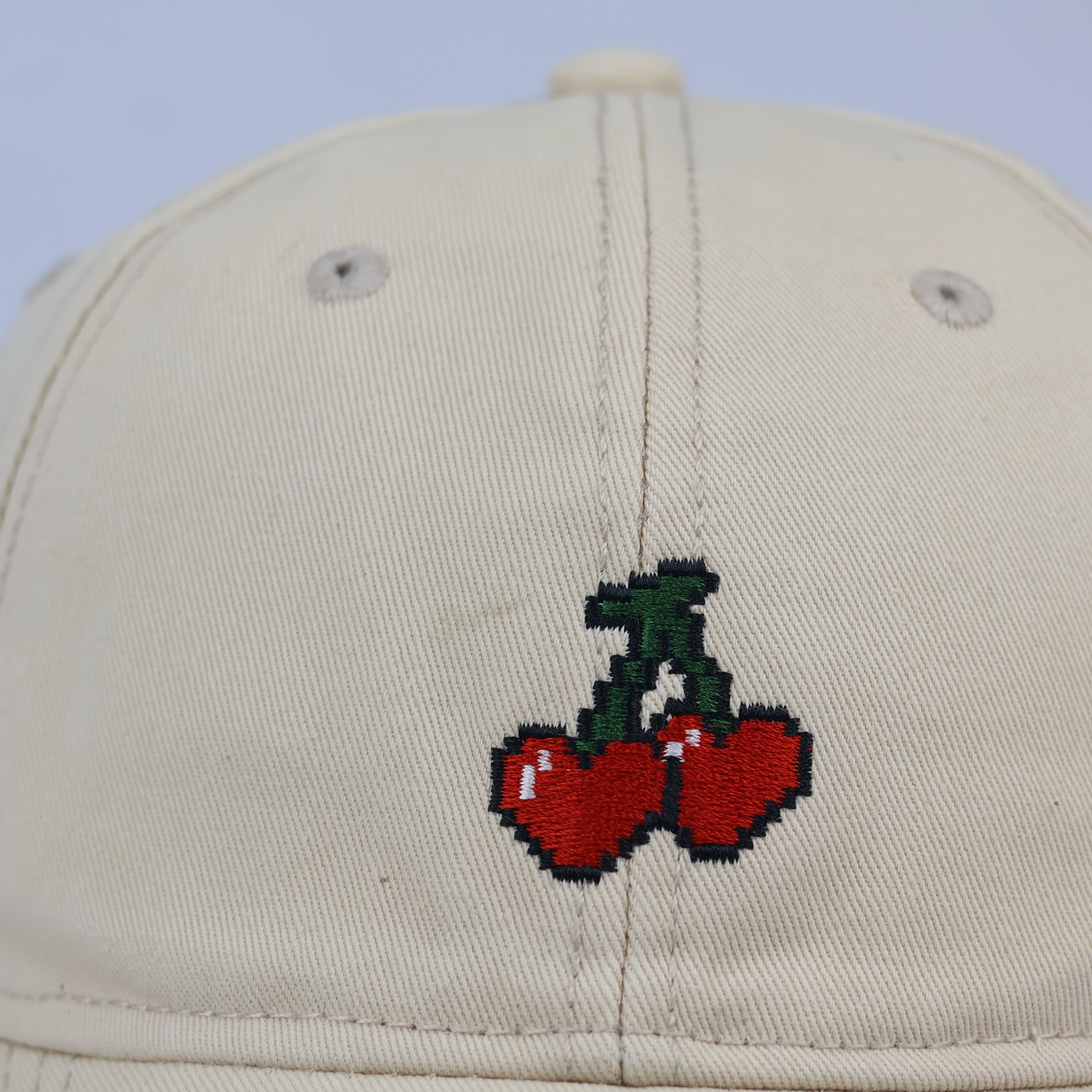 Pixel Cherry Embroidered Dad Hat - Beige Low Profile Cotton Cap