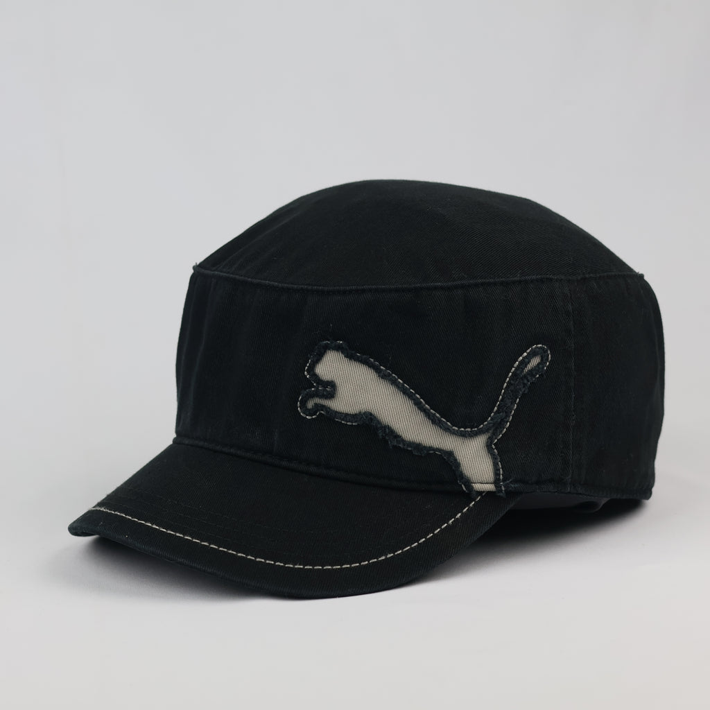 Vintage Puma Military Cadet Thrifted Cap - Black Cotton with Distressed Logo - 56-58cm