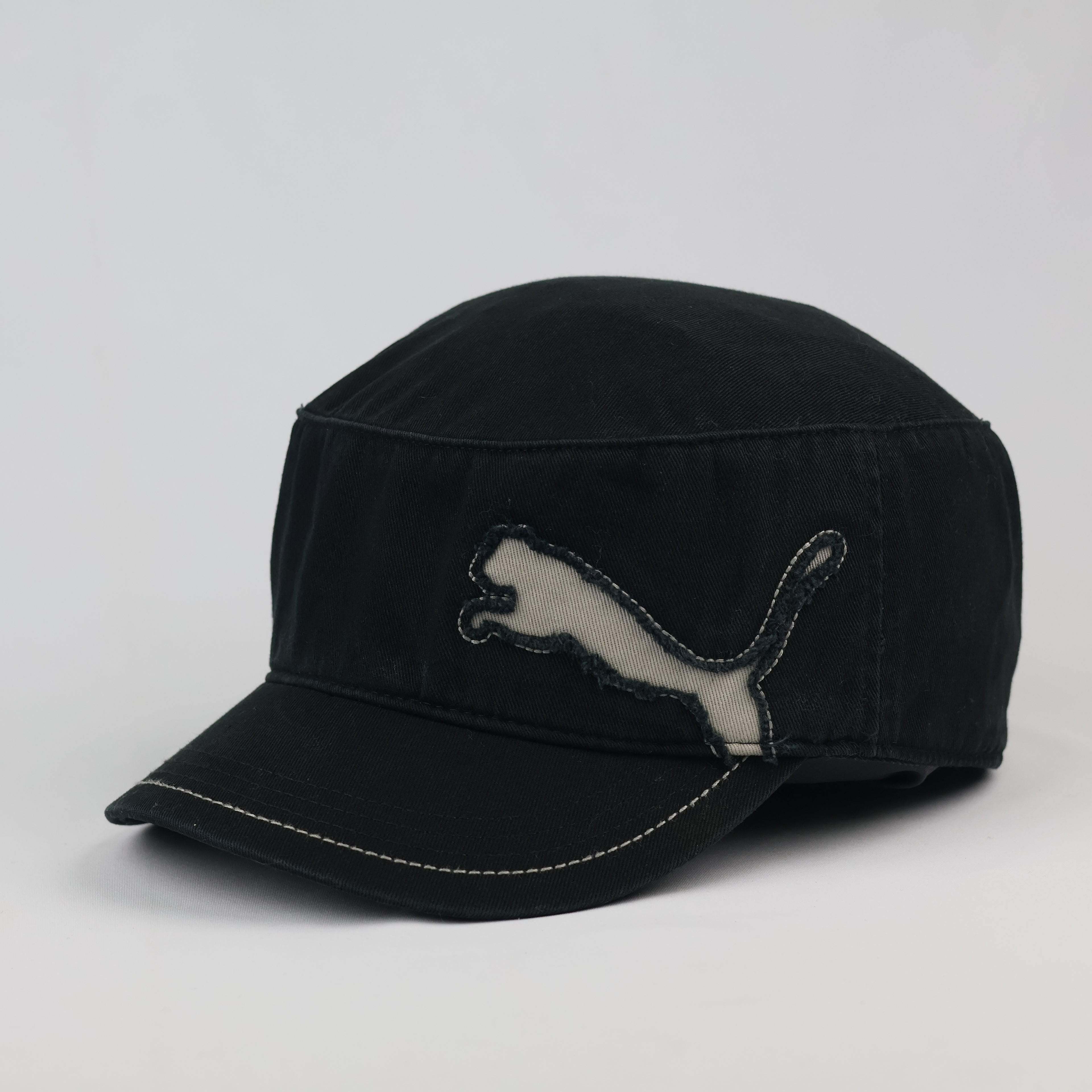 Vintage Puma Military Cadet Thrifted Cap - Black Cotton with Distressed Logo - 56-58cm