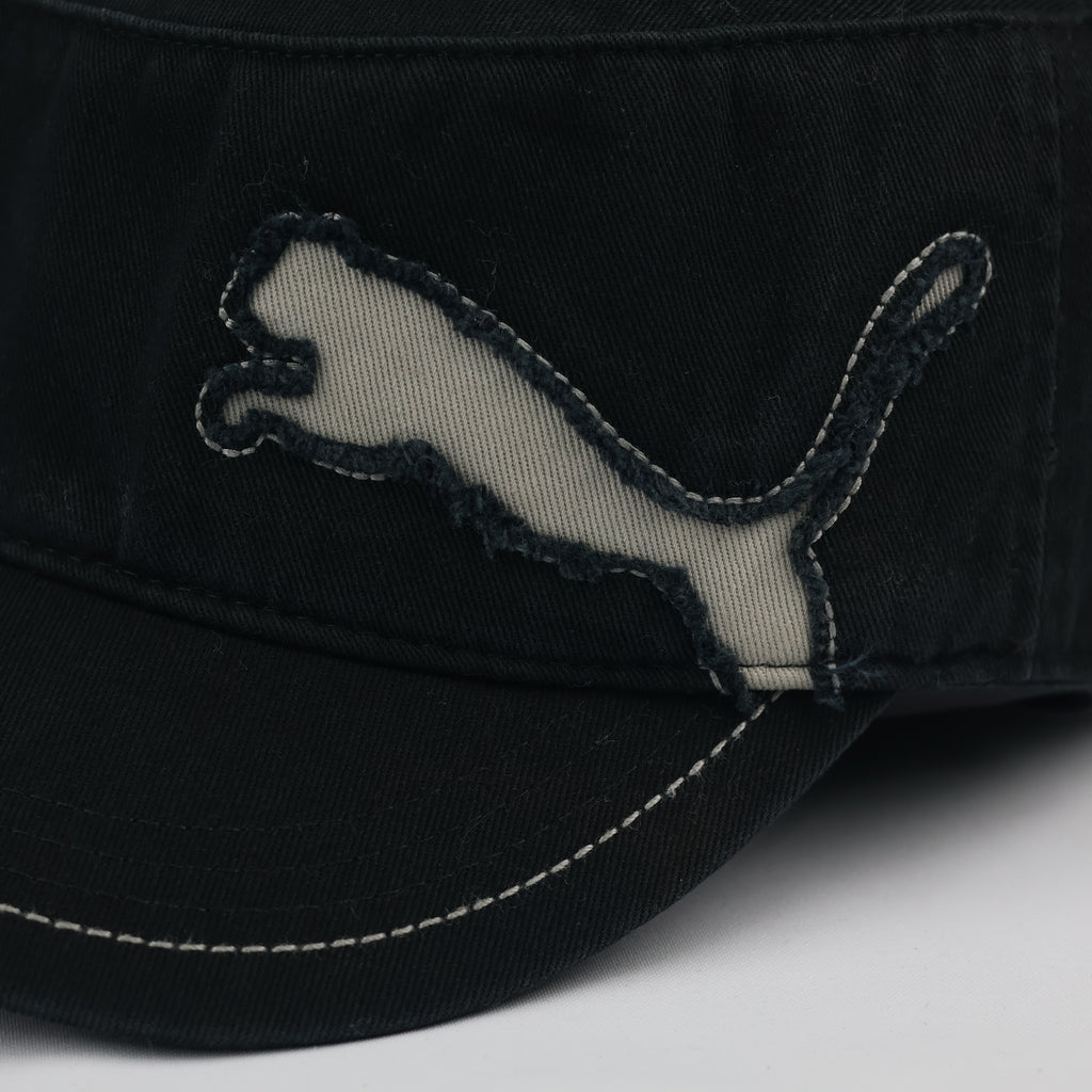 Vintage Puma Military Cadet Thrifted Cap - Black Cotton with Distressed Logo - 56-58cm
