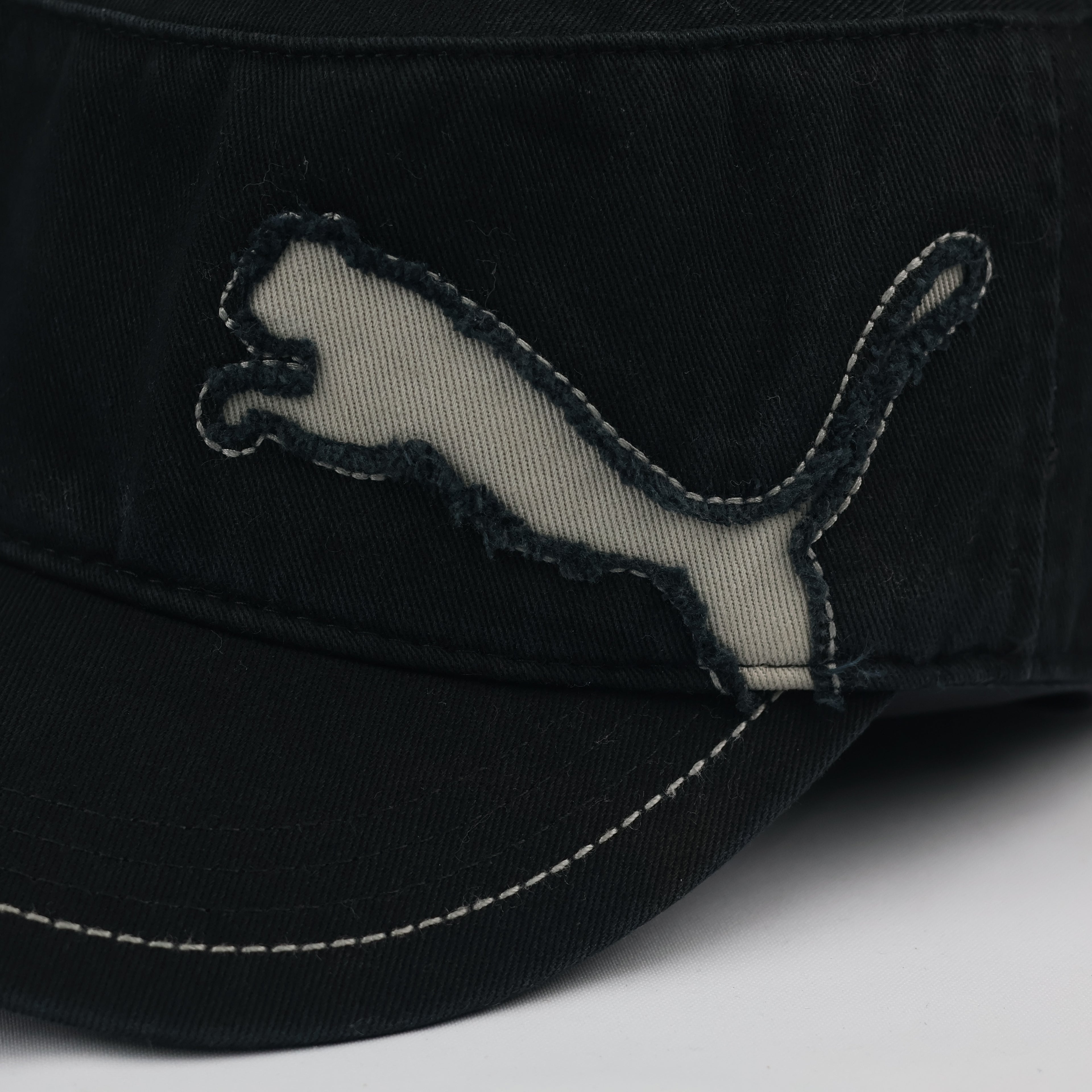 Vintage Puma Military Cadet Thrifted Cap - Black Cotton with Distressed Logo - 56-58cm