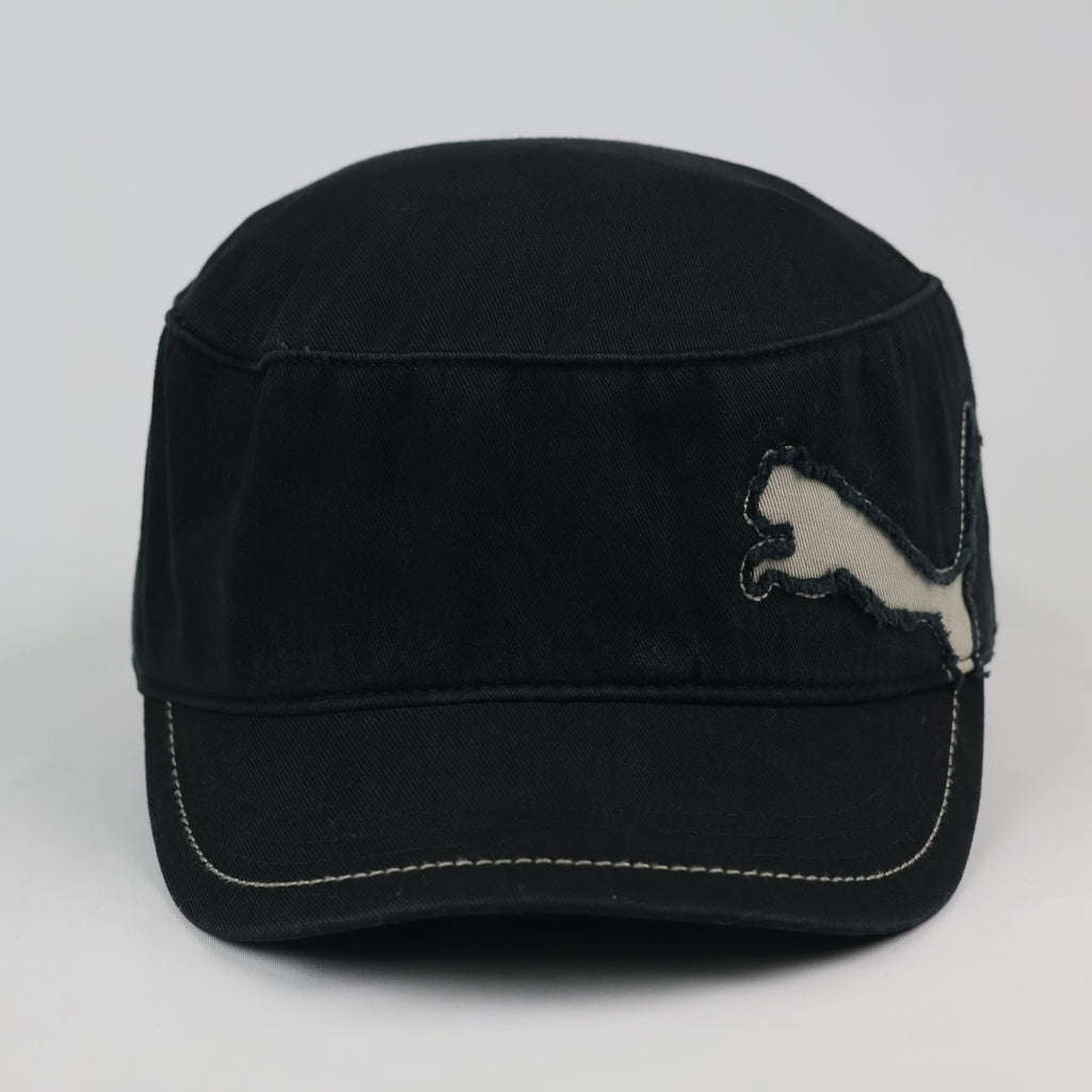 Vintage Puma Military Cadet Thrifted Cap - Black Cotton with Distressed Logo - 56-58cm